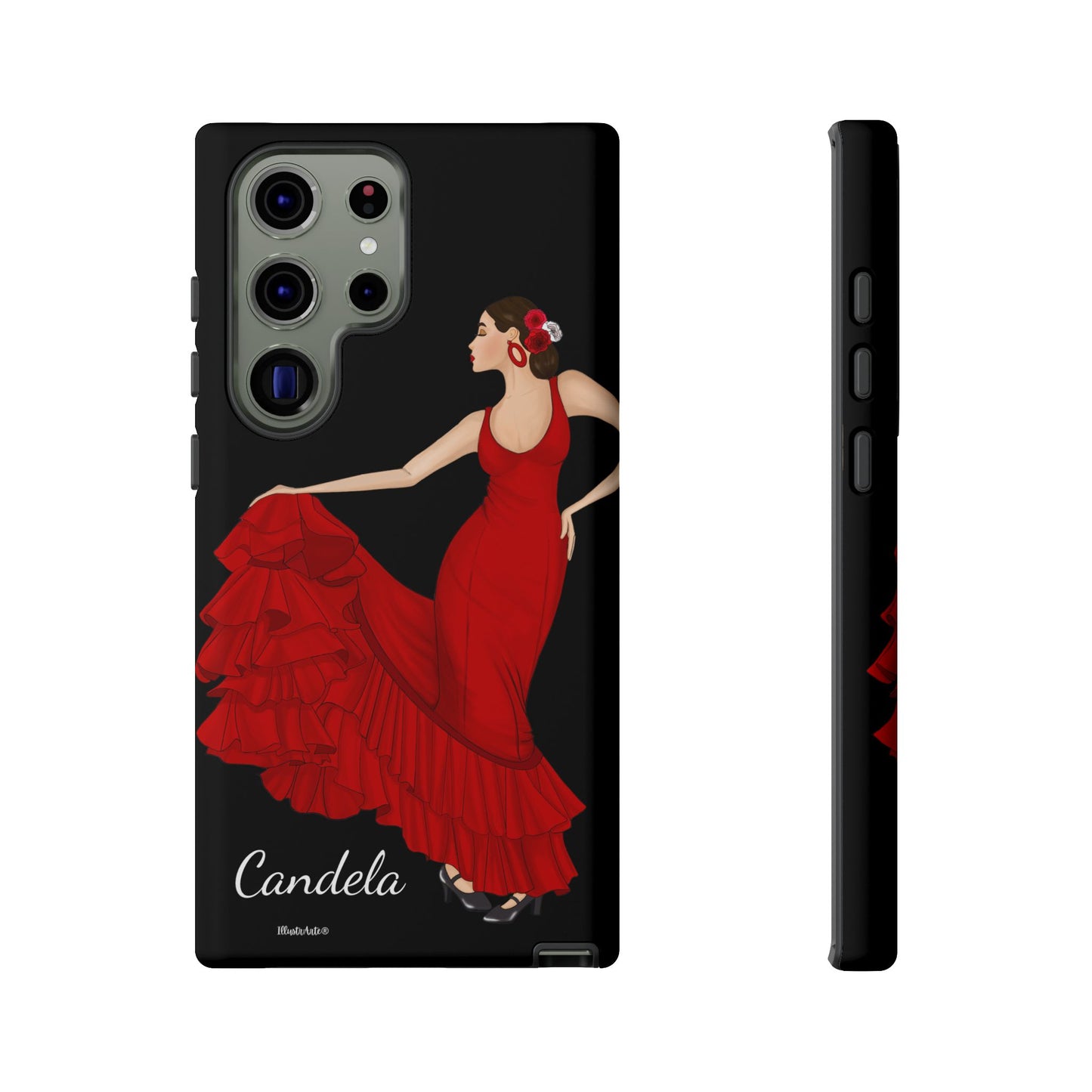 una funda de teléfono con una imagen de una mujer en un vestido rojo