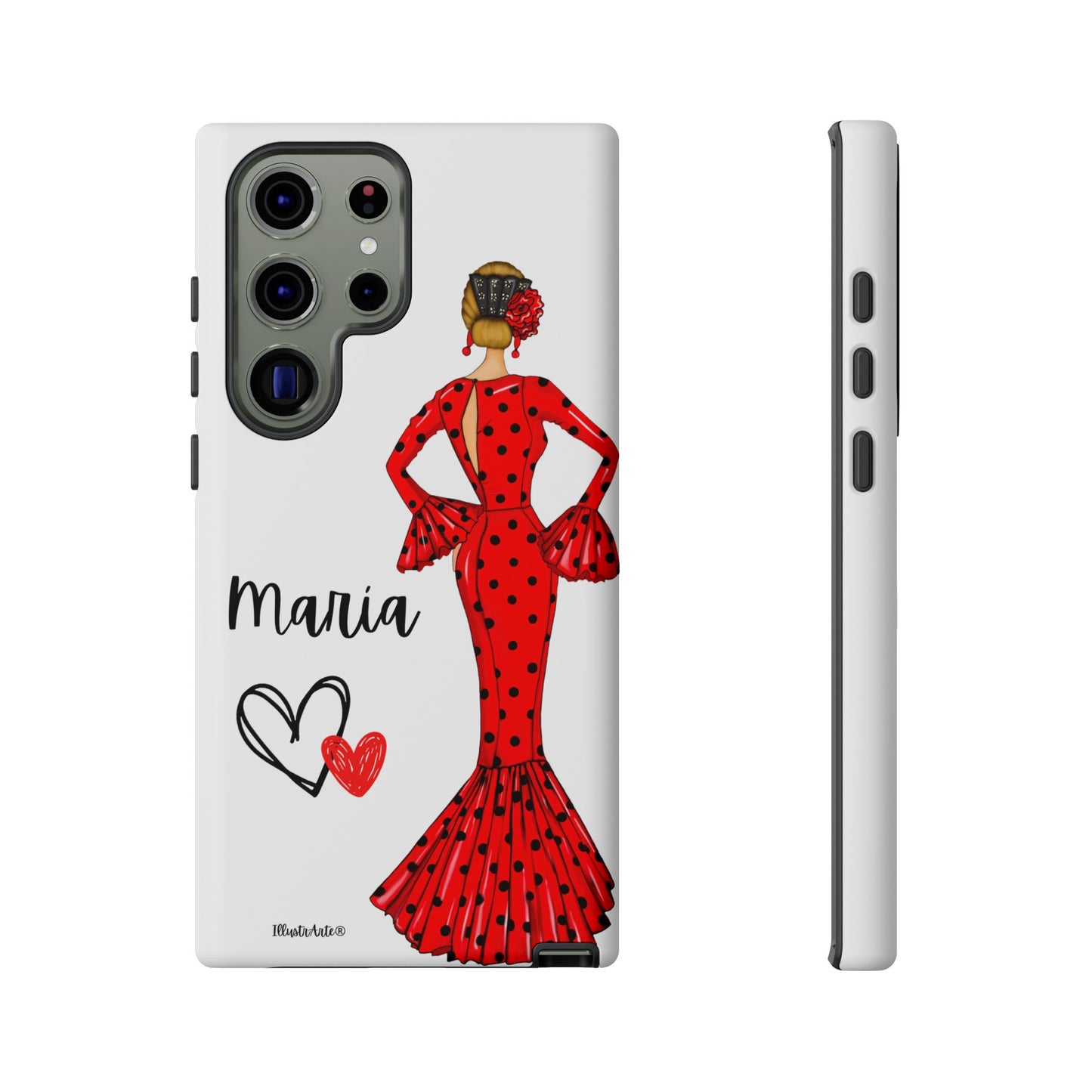 una funda de teléfono con una mujer en un vestido rojo