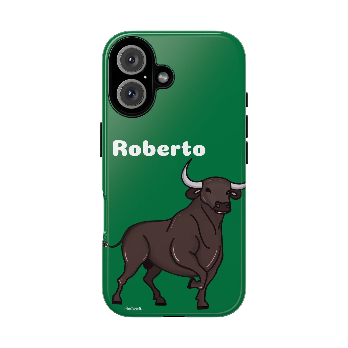 una funda de teléfono verde con un toro en ella