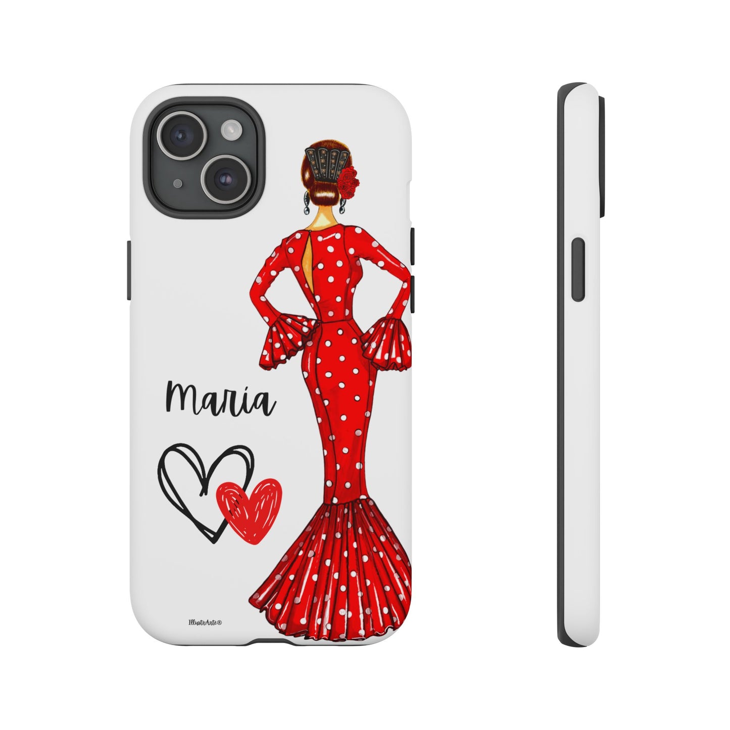 una funda de teléfono con una mujer en un vestido rojo