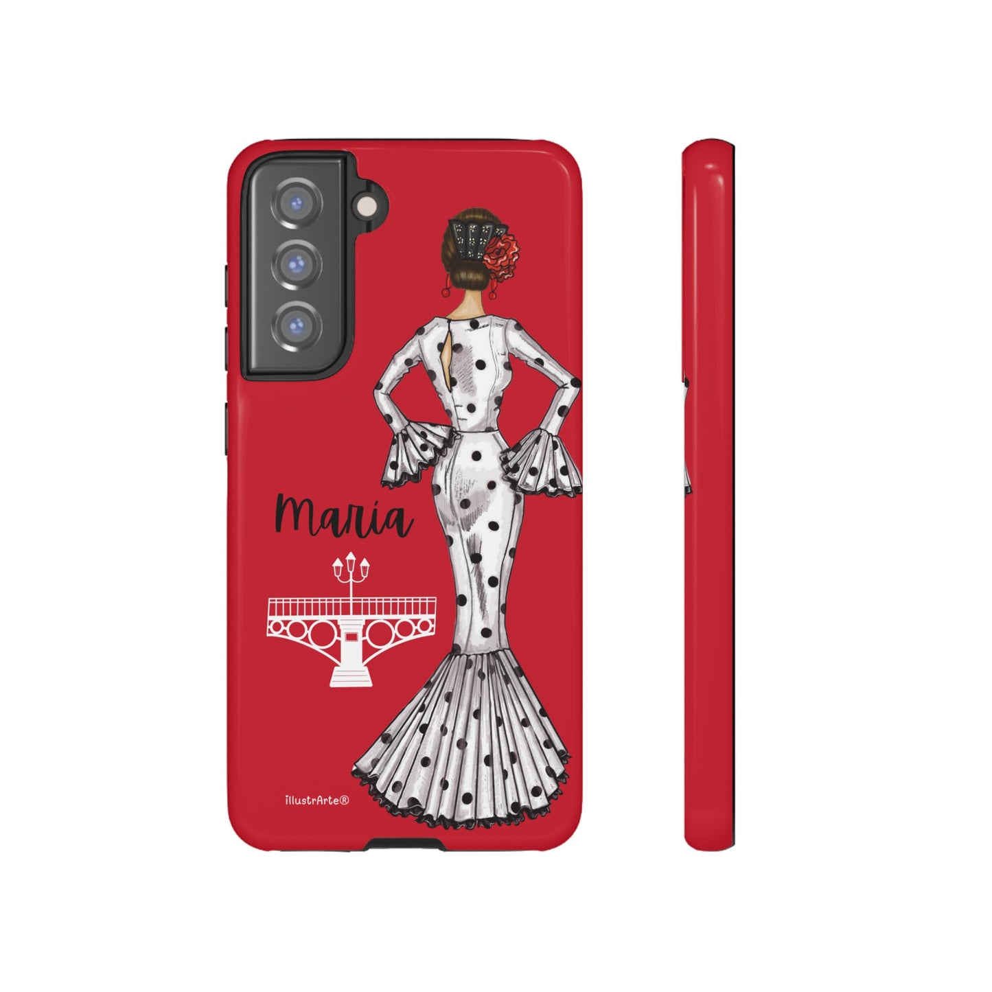 Funda de teléfono personalizada con nombre y diseño de la flamenca María, perfecta para iPhone y Google Pixel.