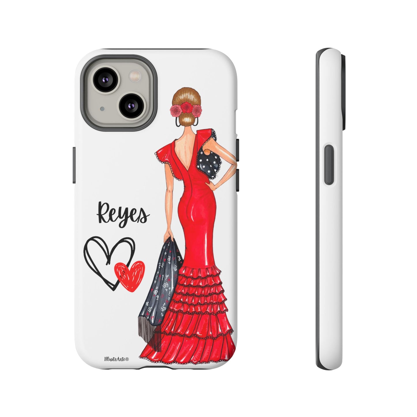 una funda de teléfono con una mujer en un vestido rojo