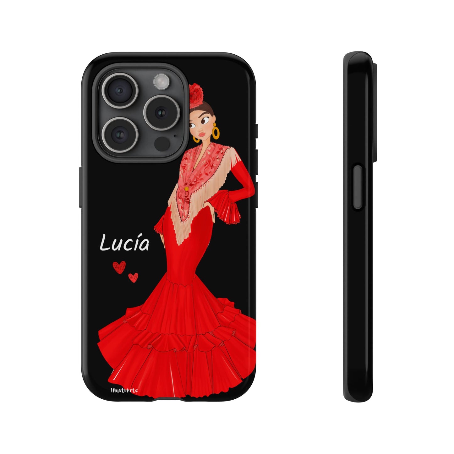 una funda de teléfono con una imagen de una mujer en un vestido rojo