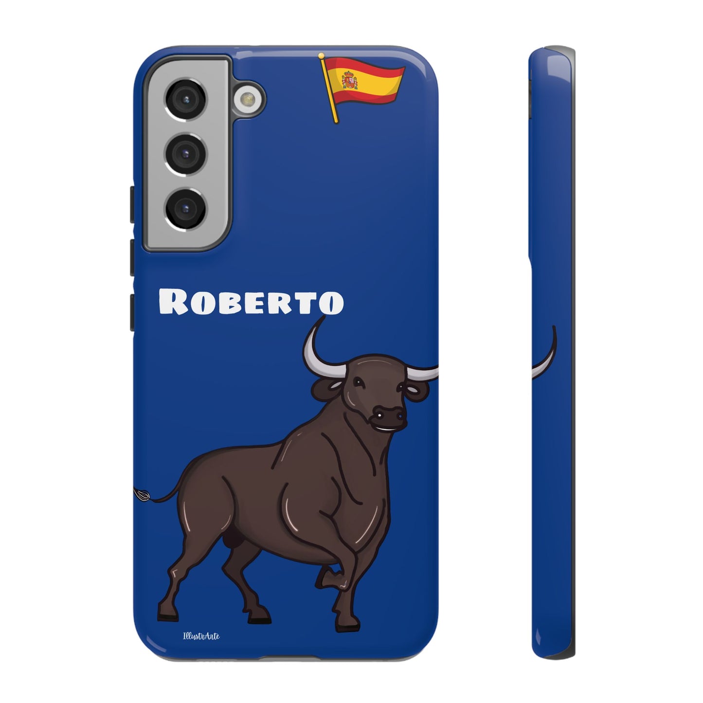 una funda de teléfono azul con un toro en ella