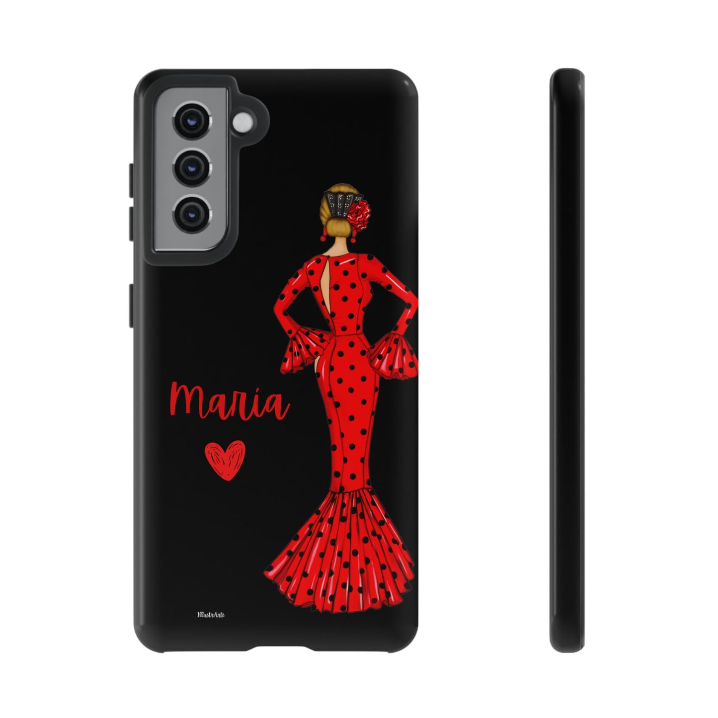 una funda de teléfono con una mujer en un vestido rojo