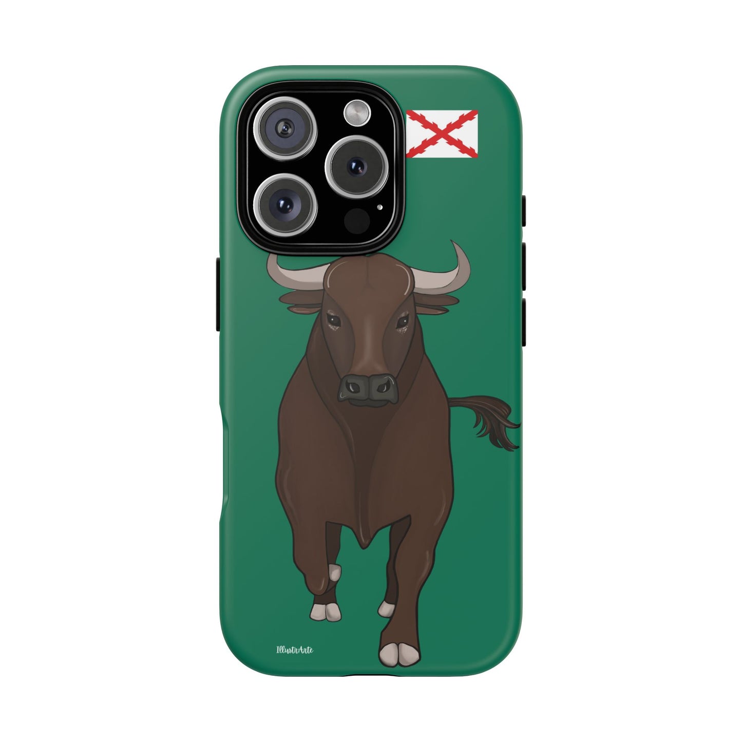 una funda de teléfono con una imagen de un toro en ella