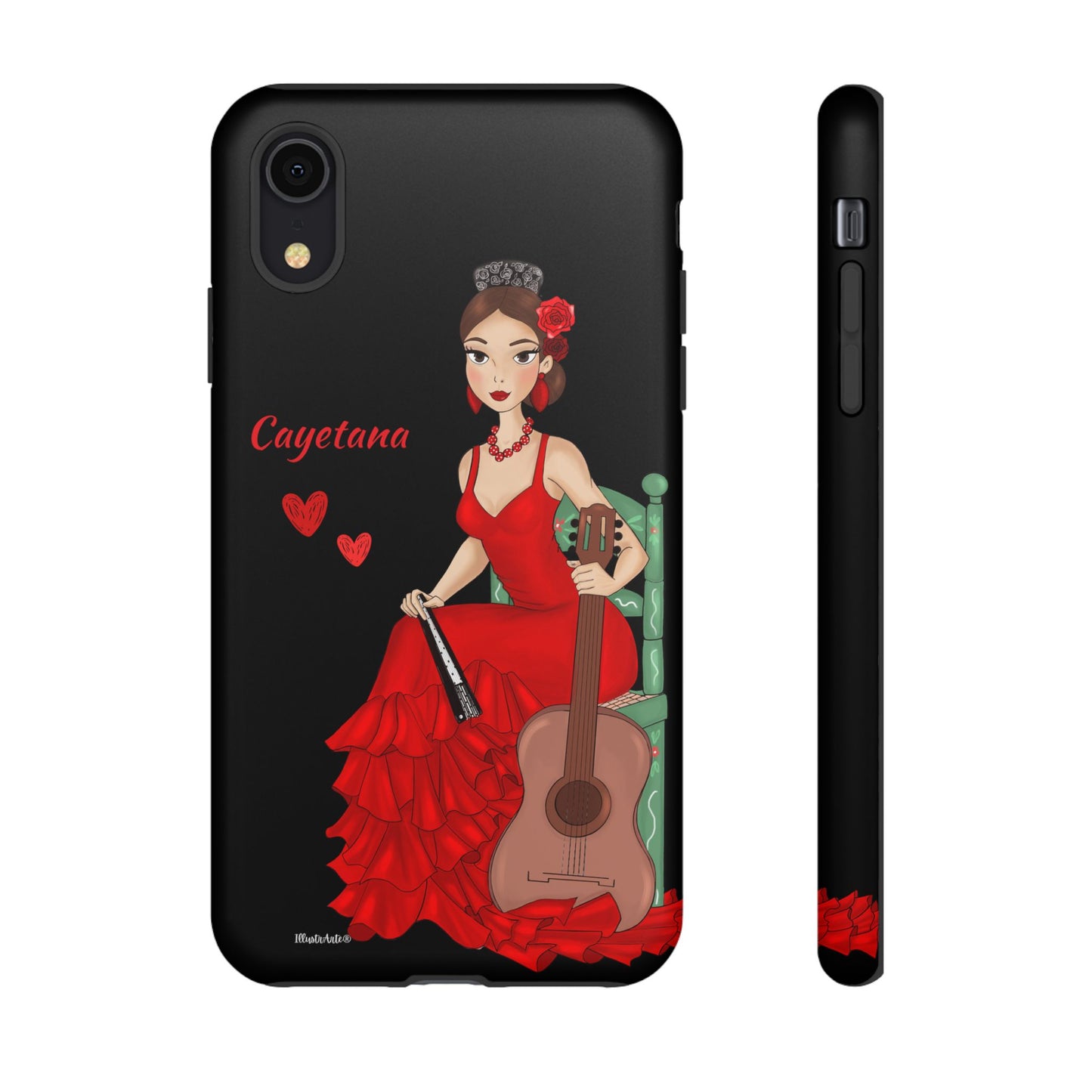 una funda de teléfono con una mujer en un vestido rojo sosteniendo una guitarra