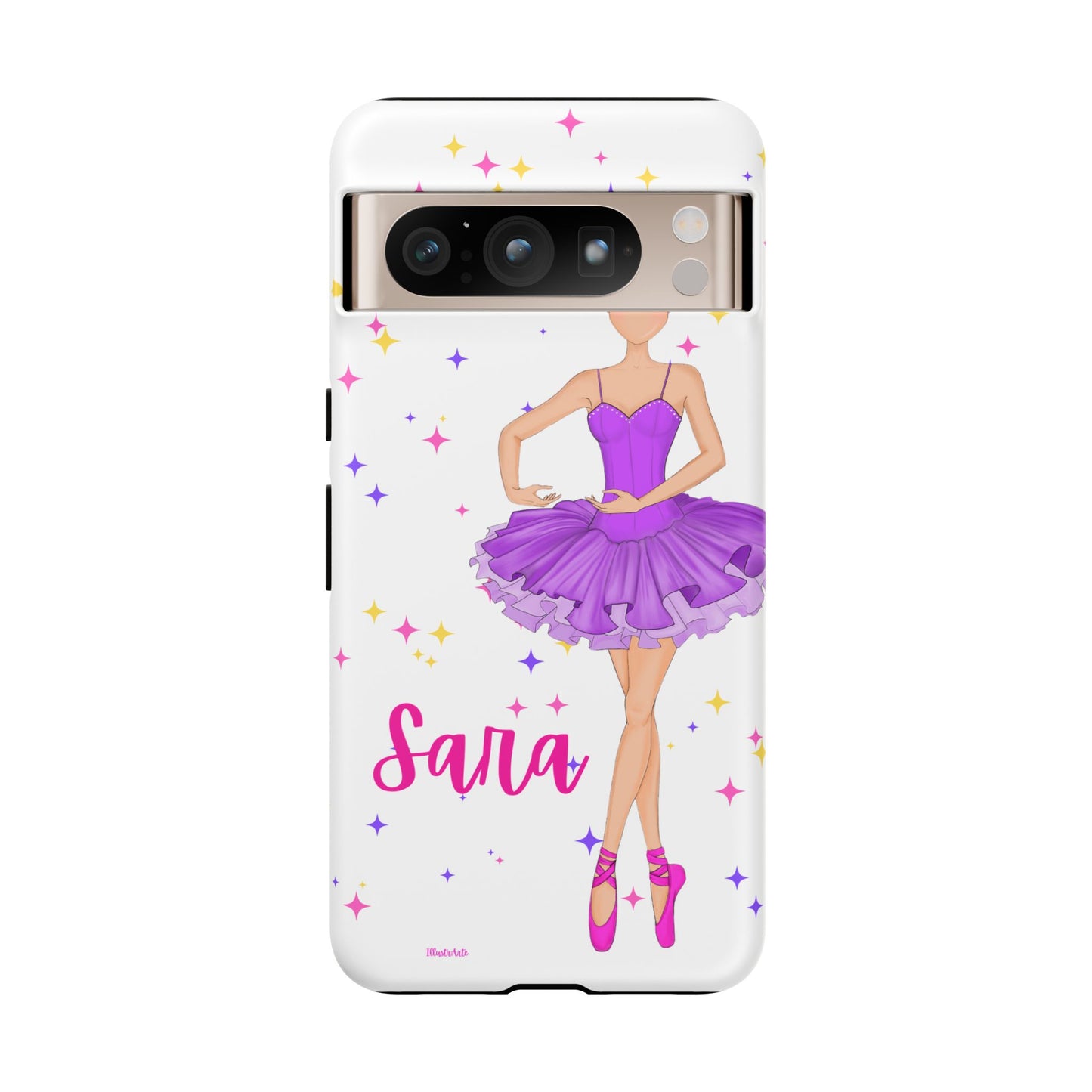 una funda de teléfono blanca con una bailarina púrpura en ella