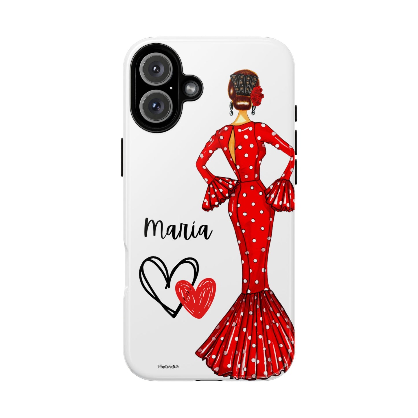 una funda de teléfono con una mujer en un vestido rojo