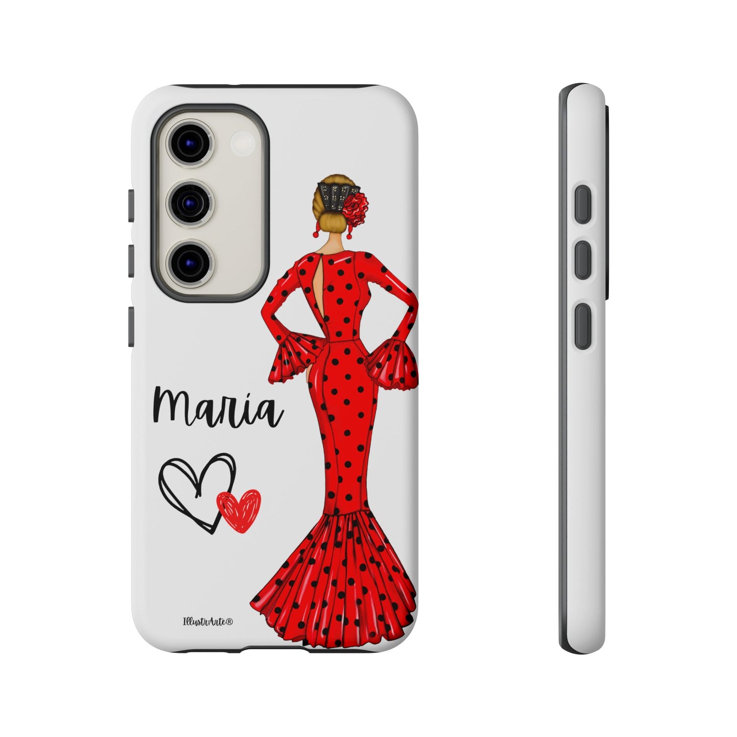 una funda de teléfono con una mujer en un vestido rojo