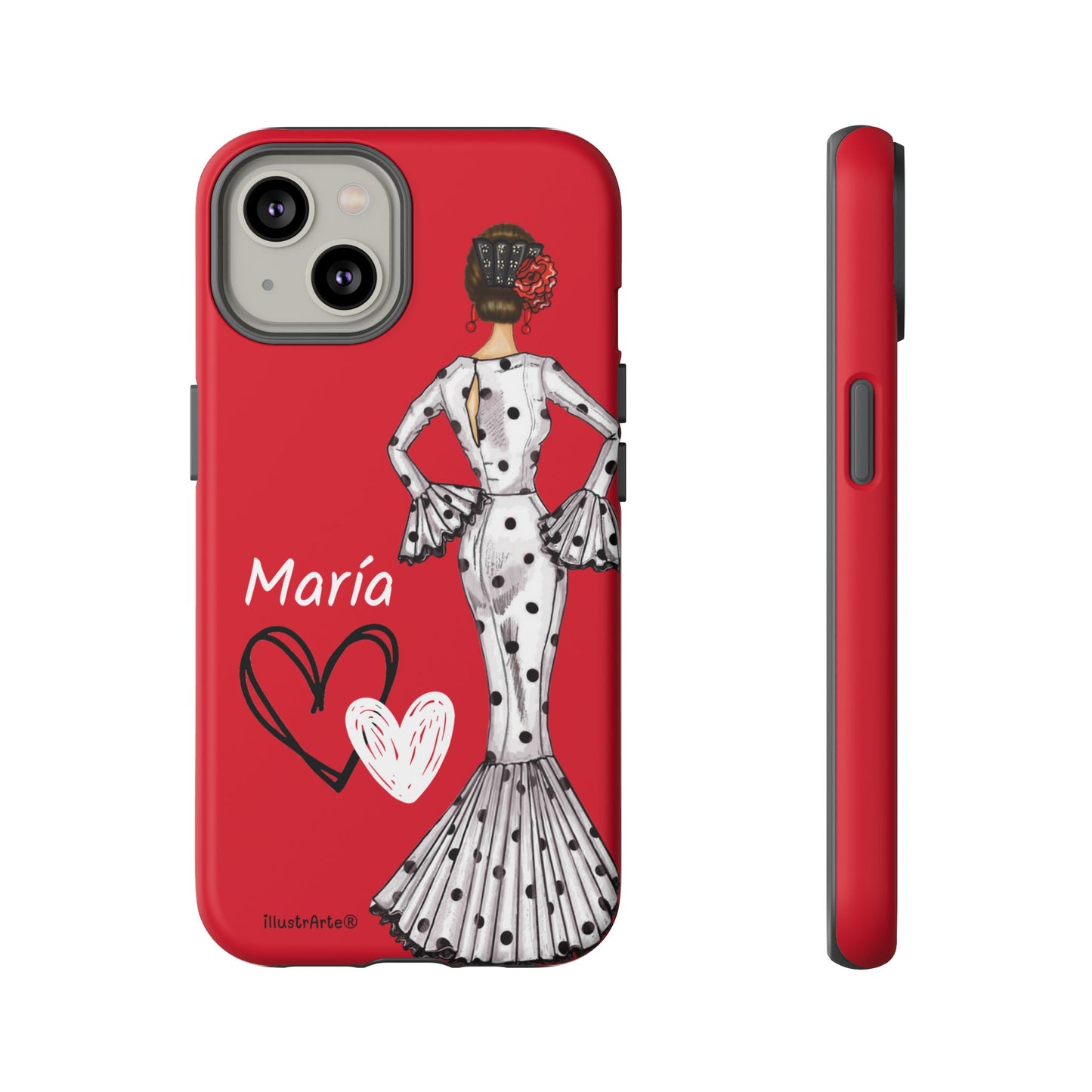Personalized Maria phone case, white with red hearts background – for iPhone, Samsung, Pixel