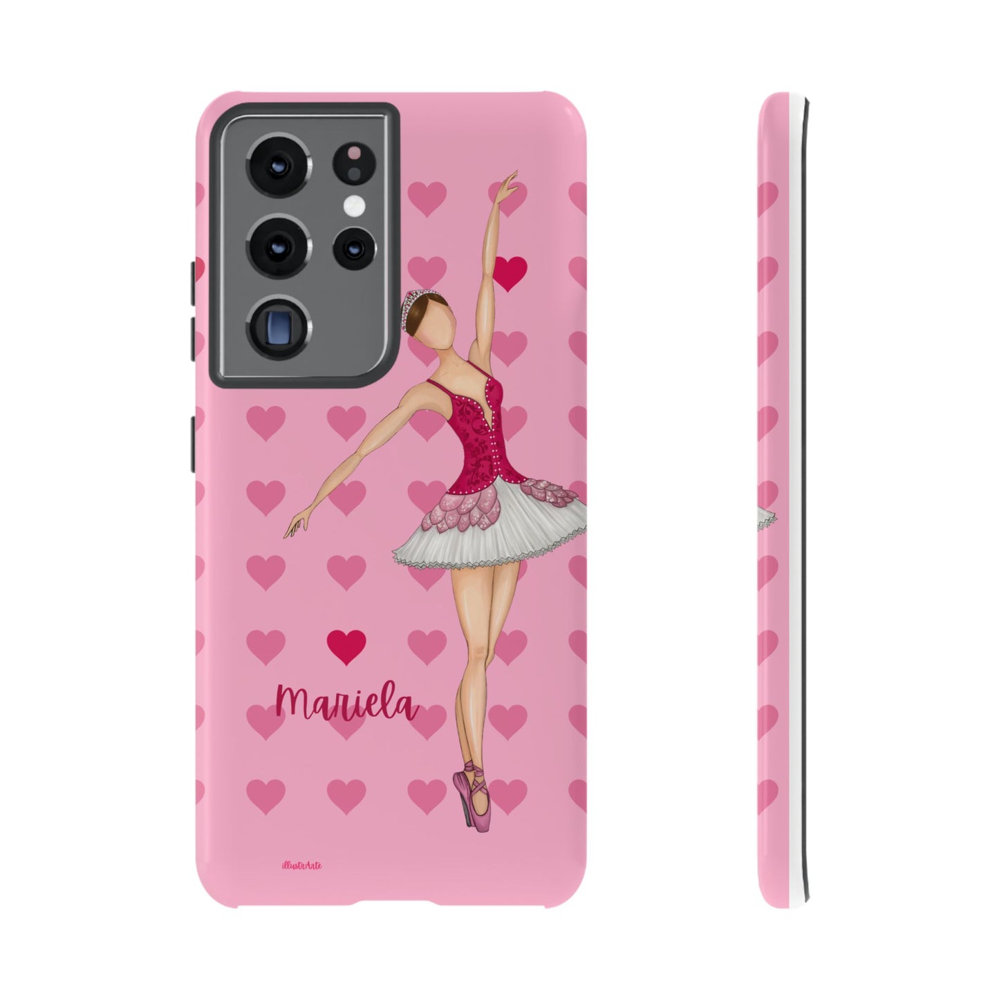 una funda de teléfono rosa con una bailarina en ella