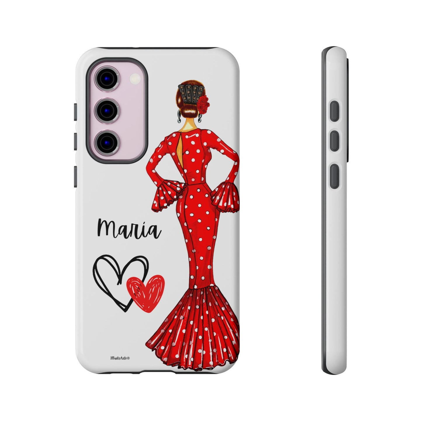 una funda de teléfono con una mujer en un vestido rojo