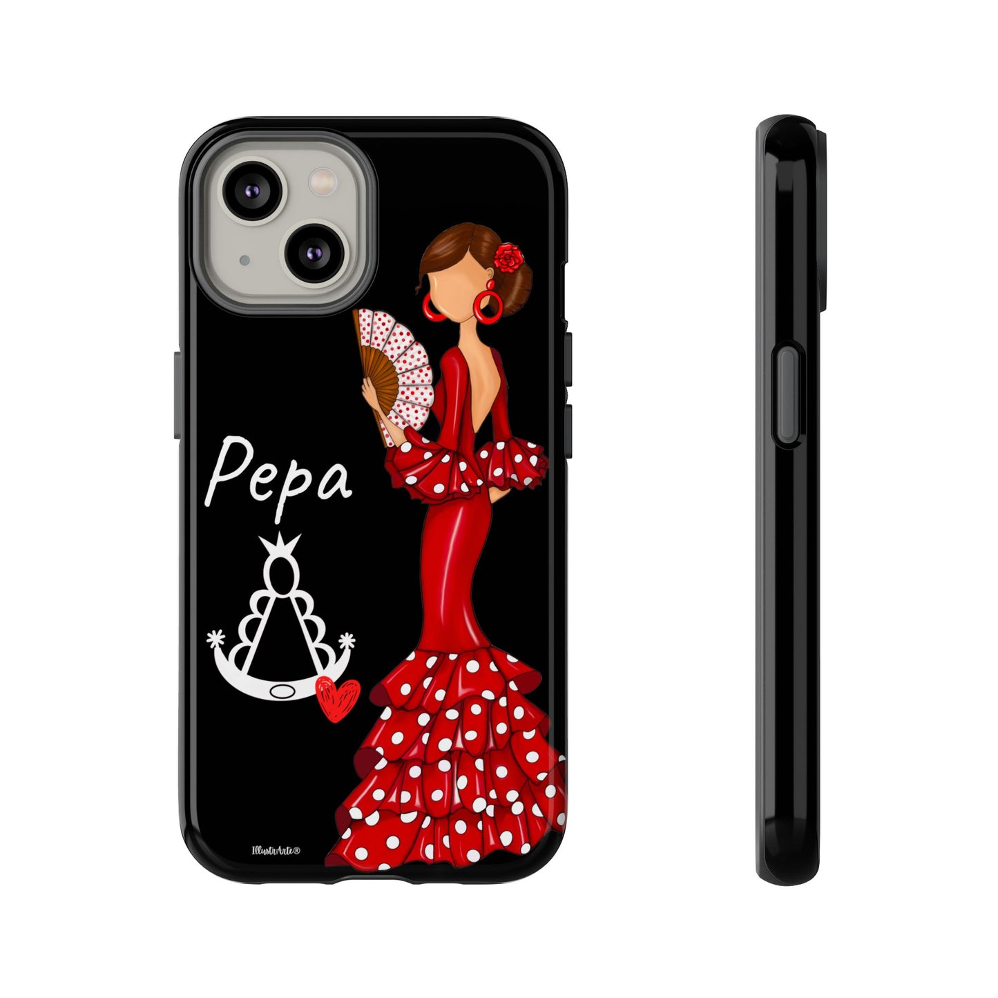 una funda de teléfono con una mujer en un vestido rojo