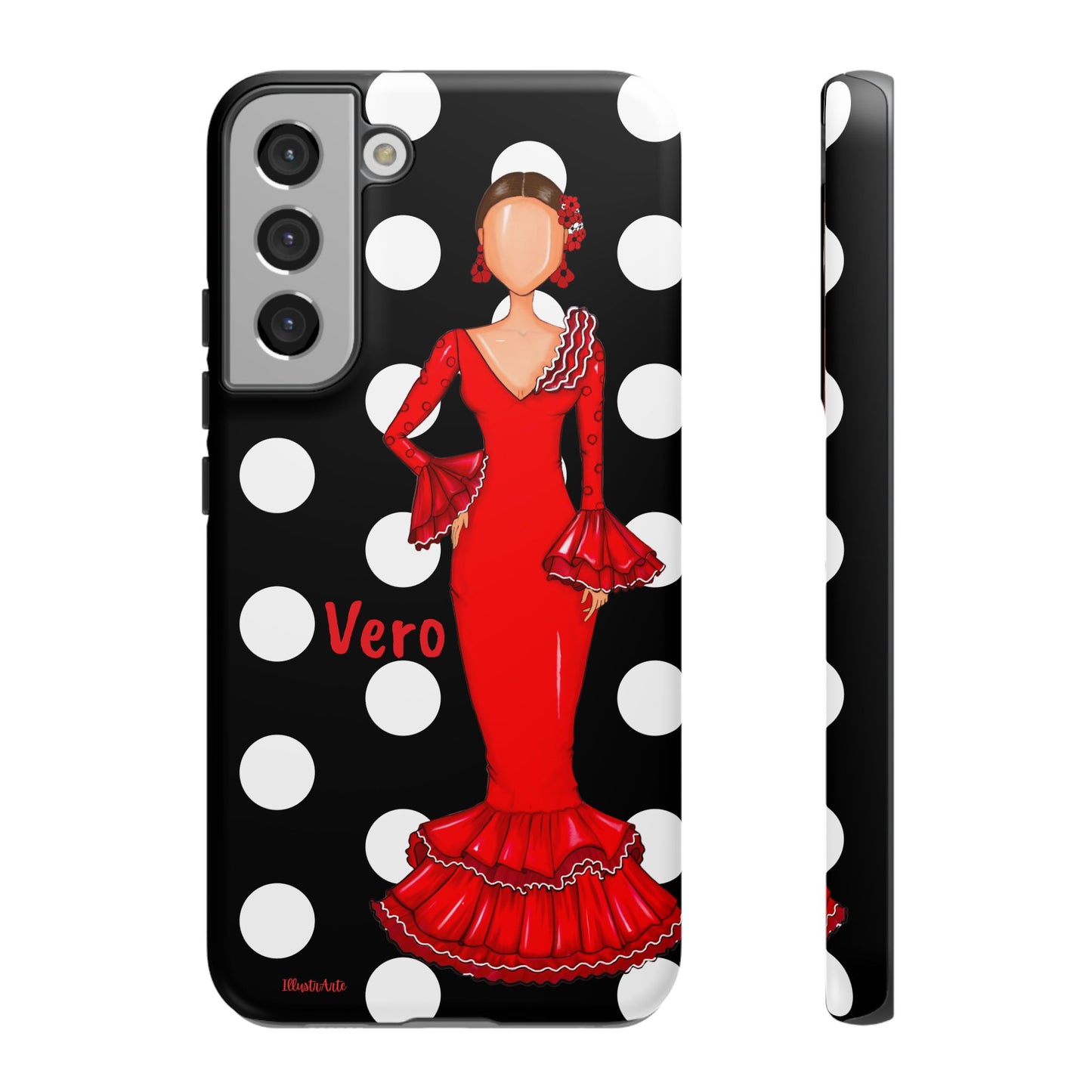 una funda de celular con una mujer en un vestido rojo