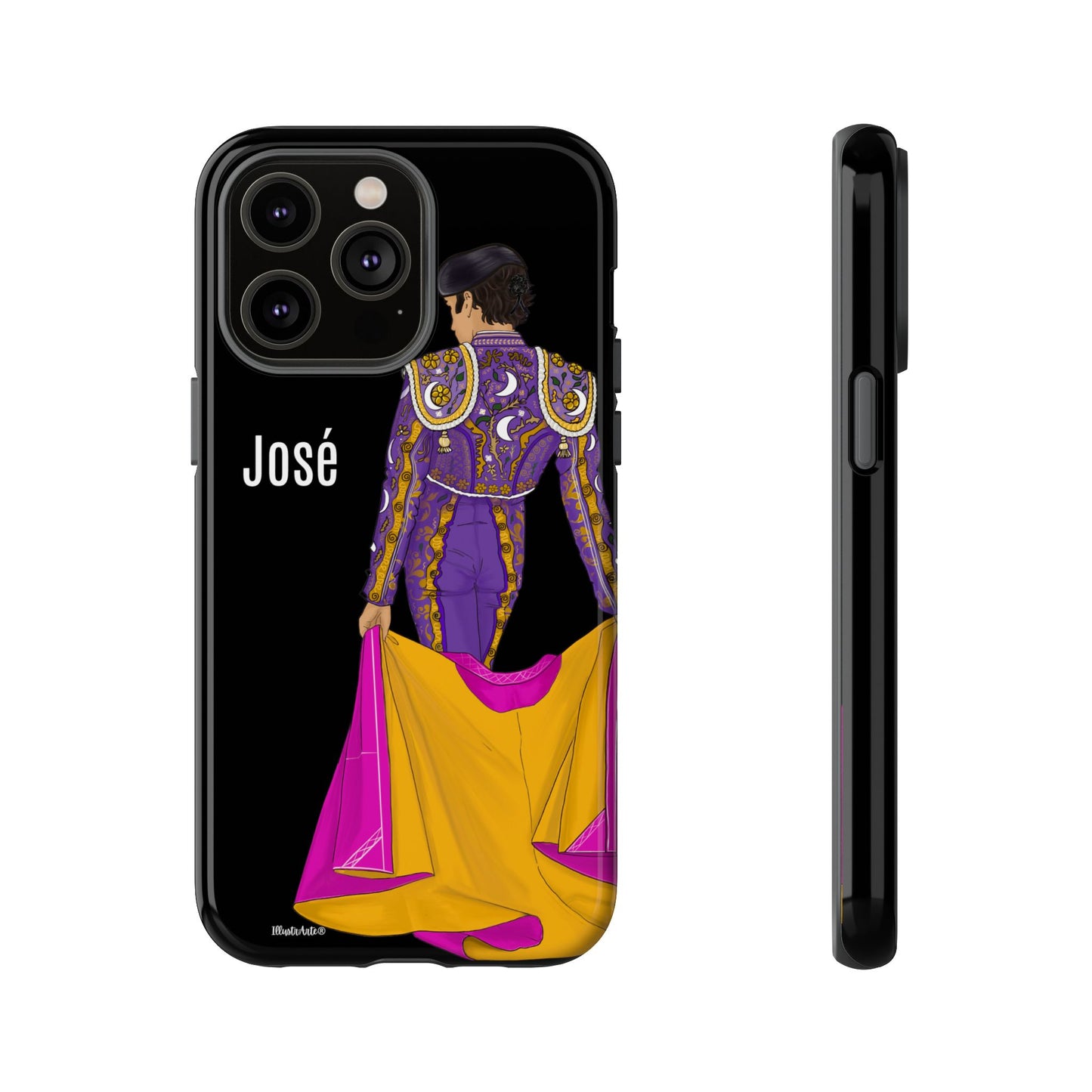 una funda de teléfono con una imagen de una mujer en un vestido morado y amarillo