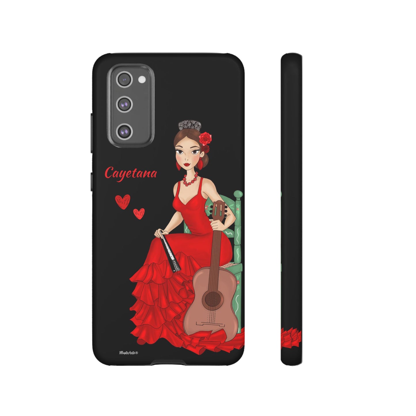 una funda de teléfono con una mujer en un vestido rojo sosteniendo una guitarra