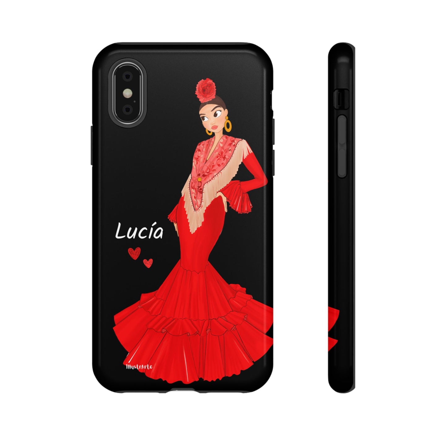 una funda de teléfono con una mujer en un vestido rojo