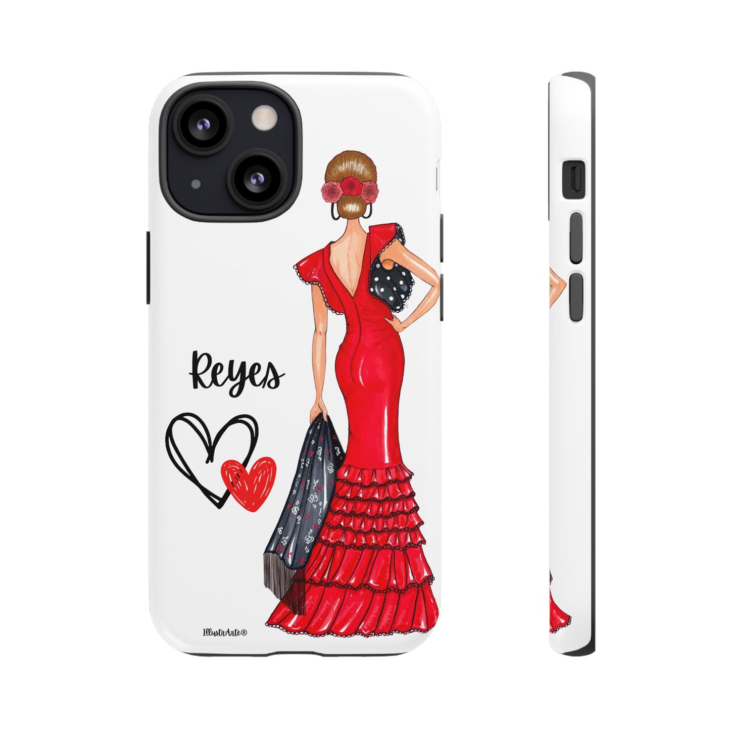 una funda de teléfono con una mujer en un vestido rojo