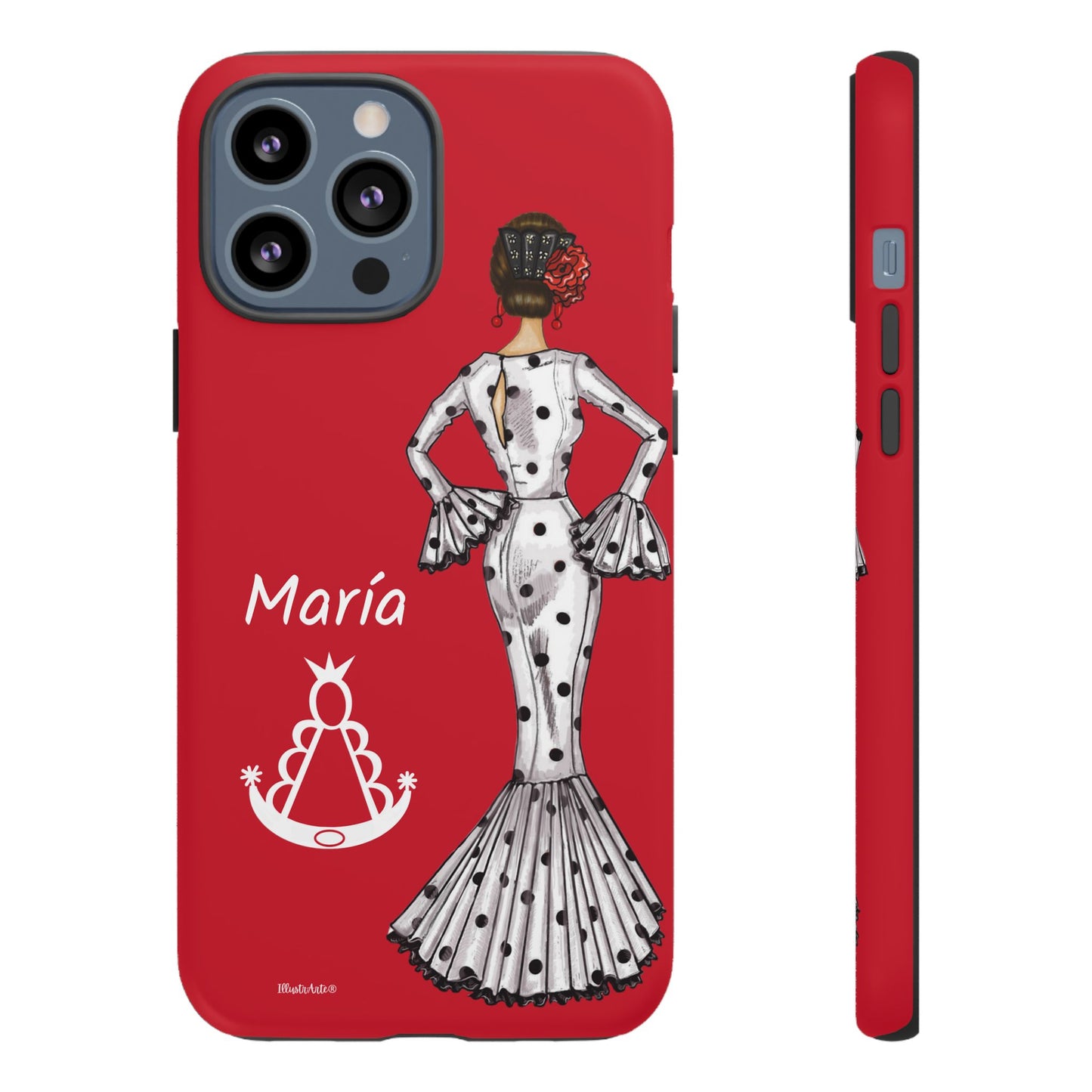 una funda de teléfono roja con una imagen de una mujer en un vestido