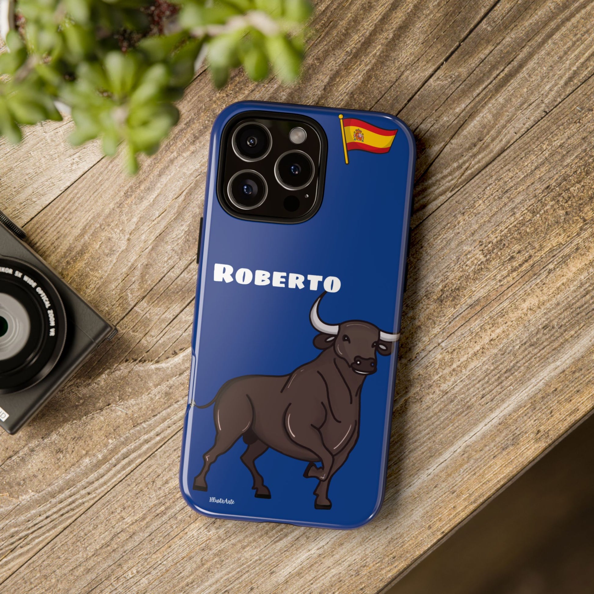 una funda de teléfono azul con un toro en ella