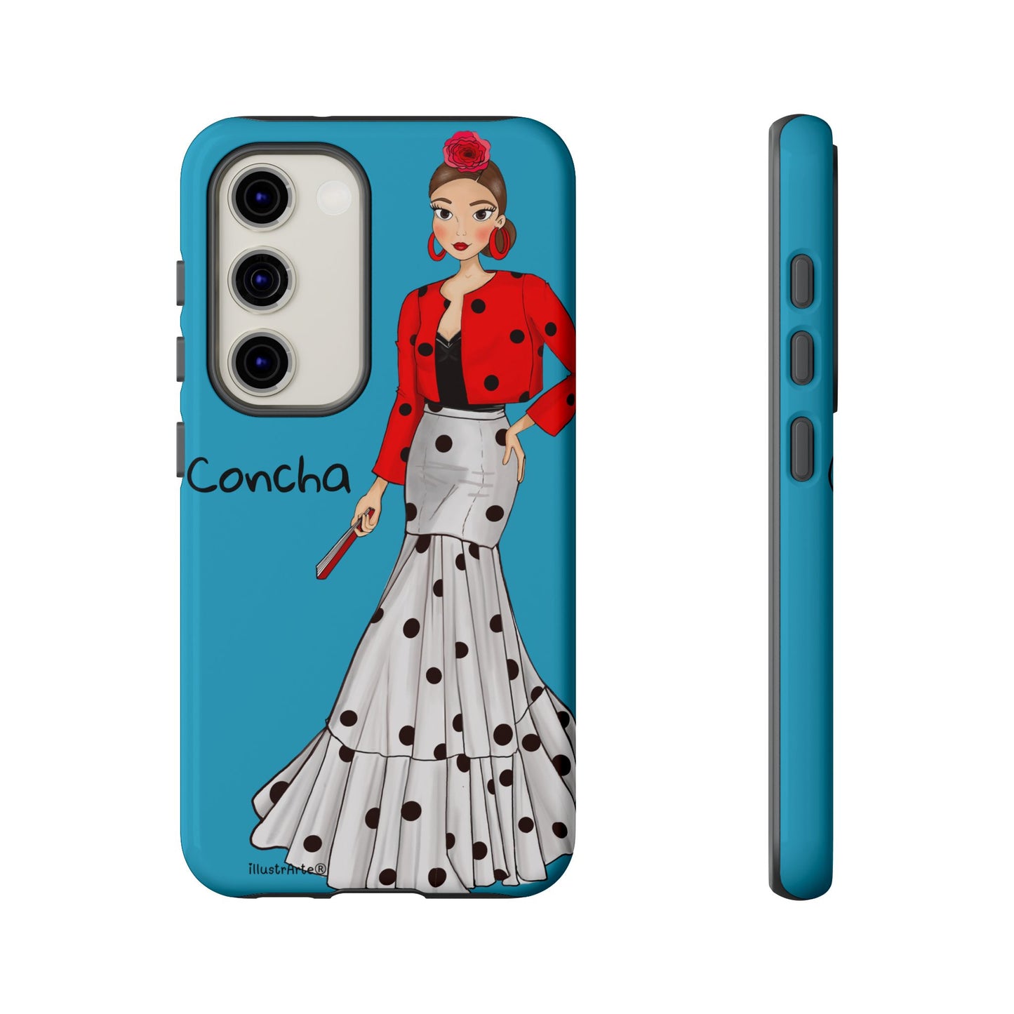 Funda con nombre y bandera, Modelo Conchita fondo azul, ideal para personalizar tu estilo.