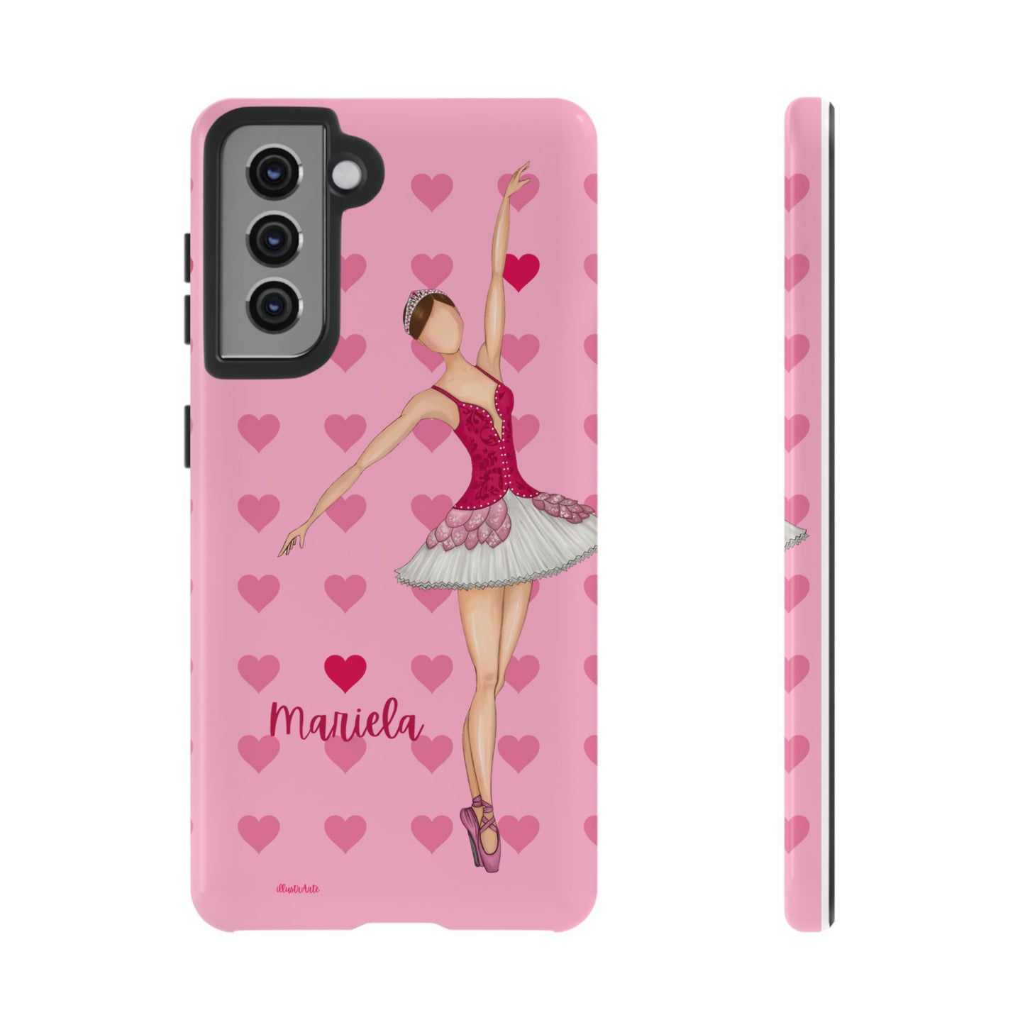 una funda de teléfono rosa con una bailarina en ella