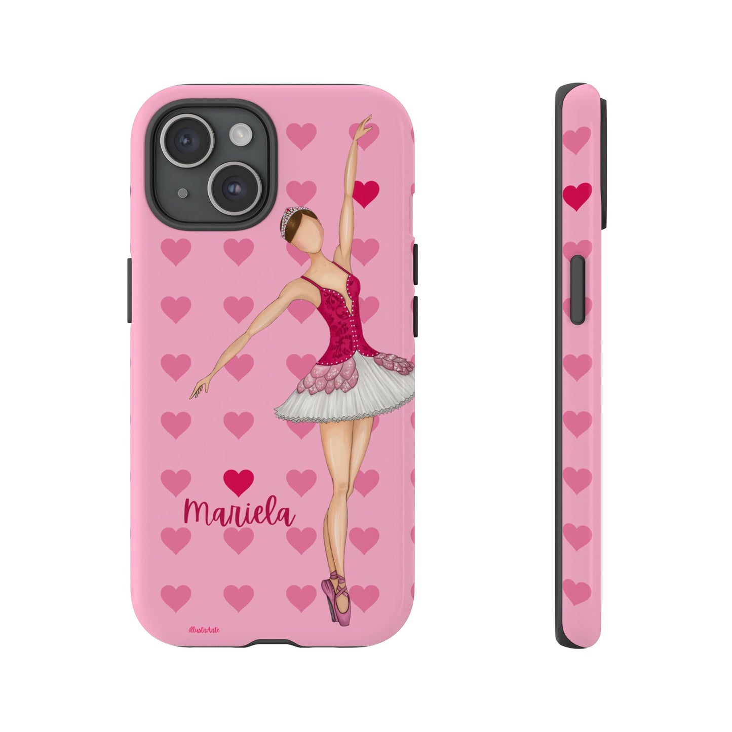 una funda de teléfono rosa con una bailarina en ella