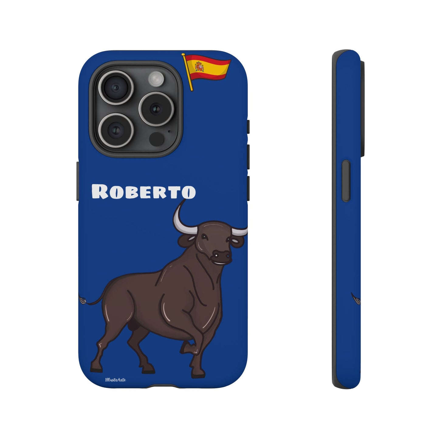 una funda de teléfono azul con un toro en ella