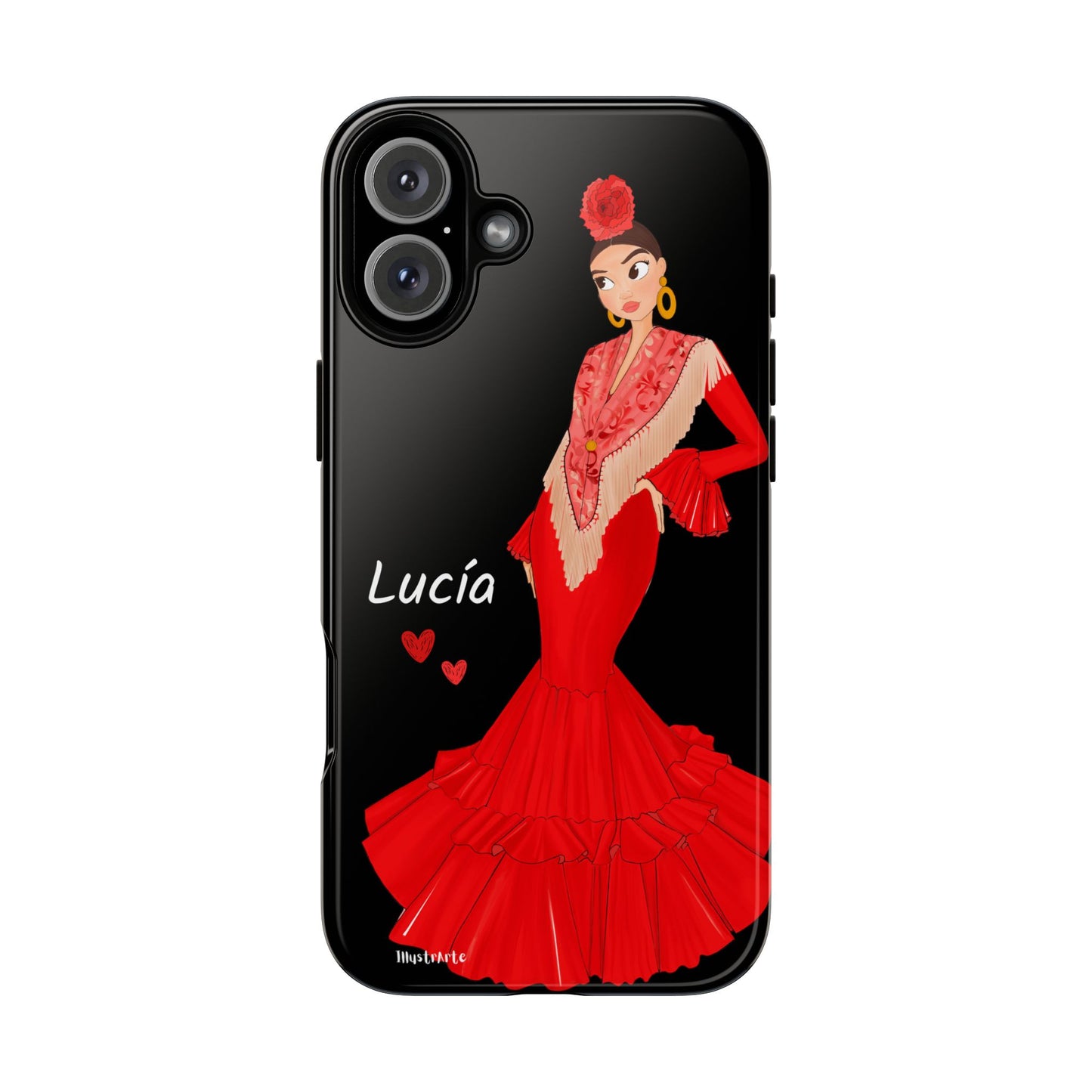 una funda de teléfono con una mujer en un vestido rojo