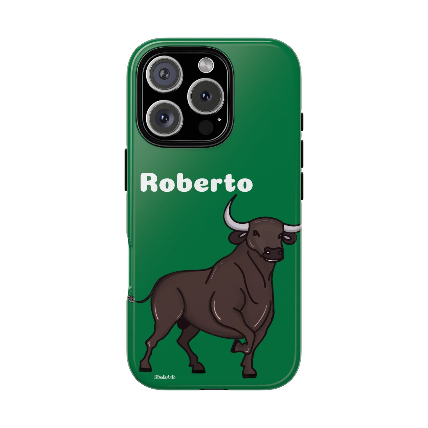 una funda de teléfono verde con un toro en ella