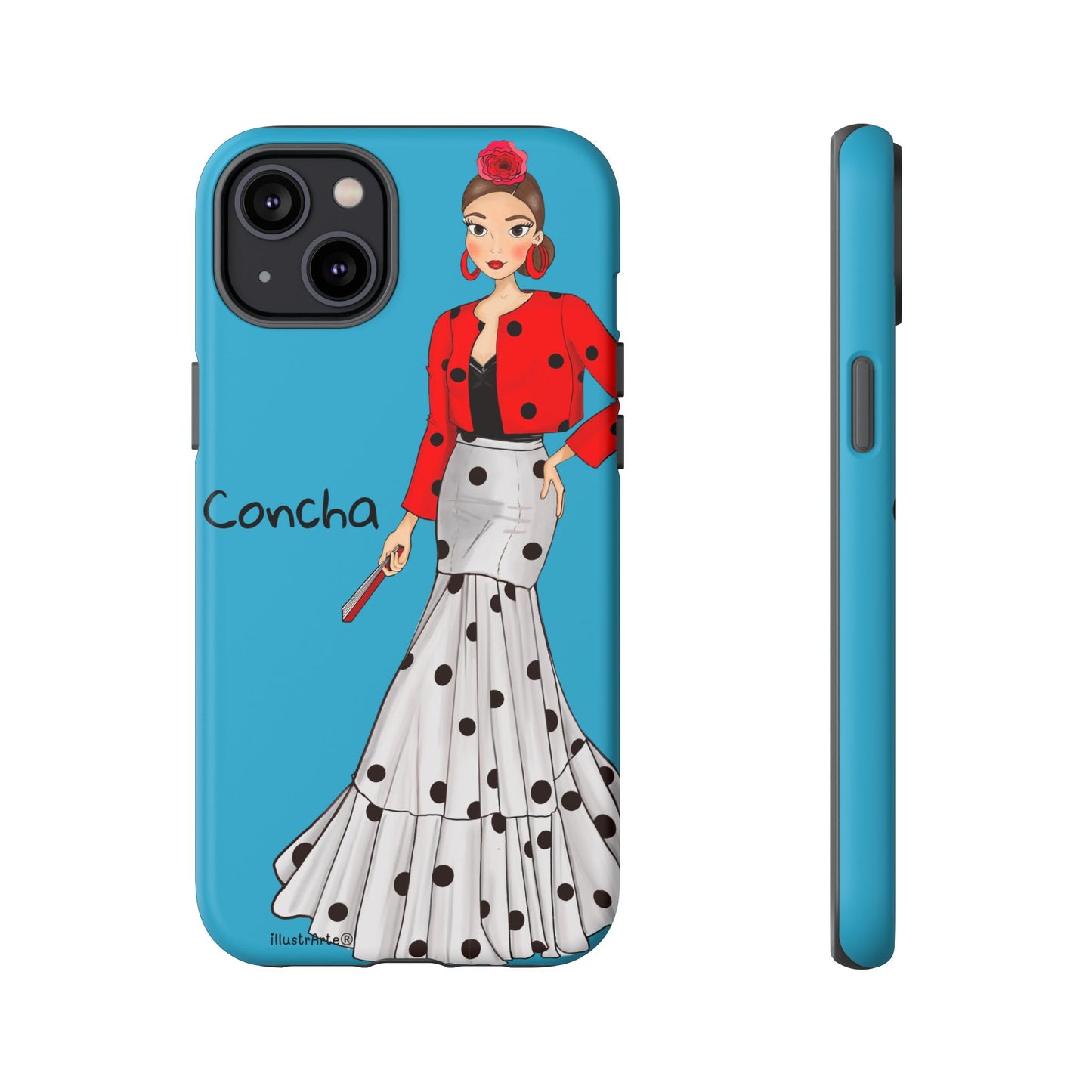 Modelo Conchita fondo azul de la funda de teléfono, diseñada para aquellos que valoran la personalización.