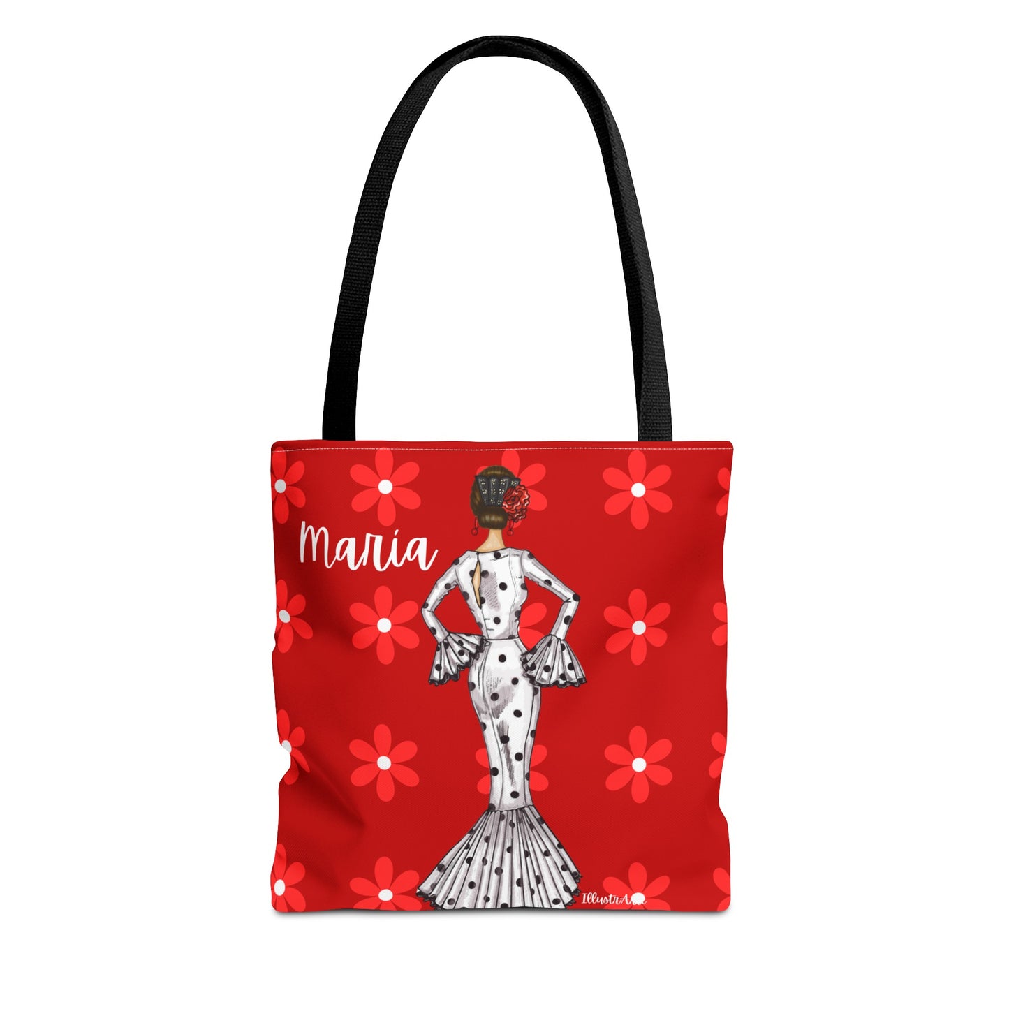 a red tote bag with a picture of a woman on it