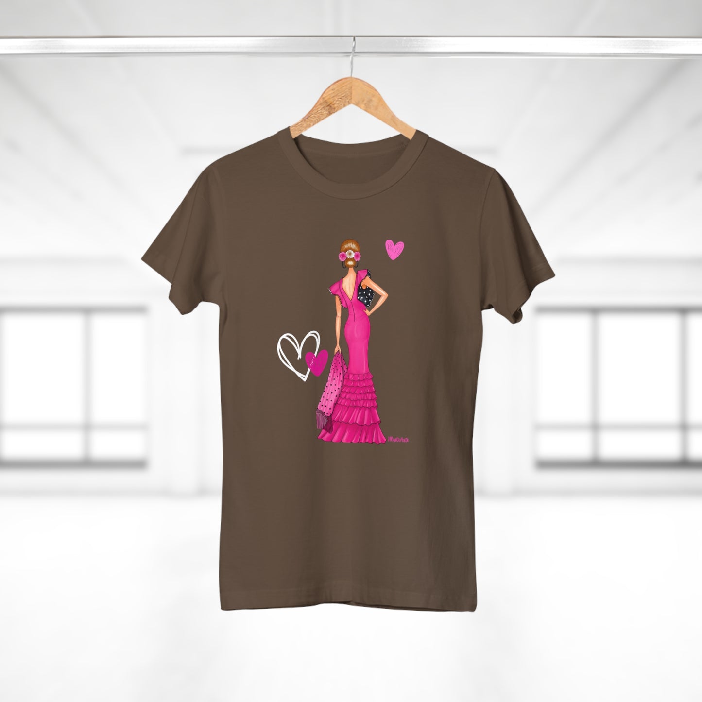 a t - shirt with a woman in a pink dress