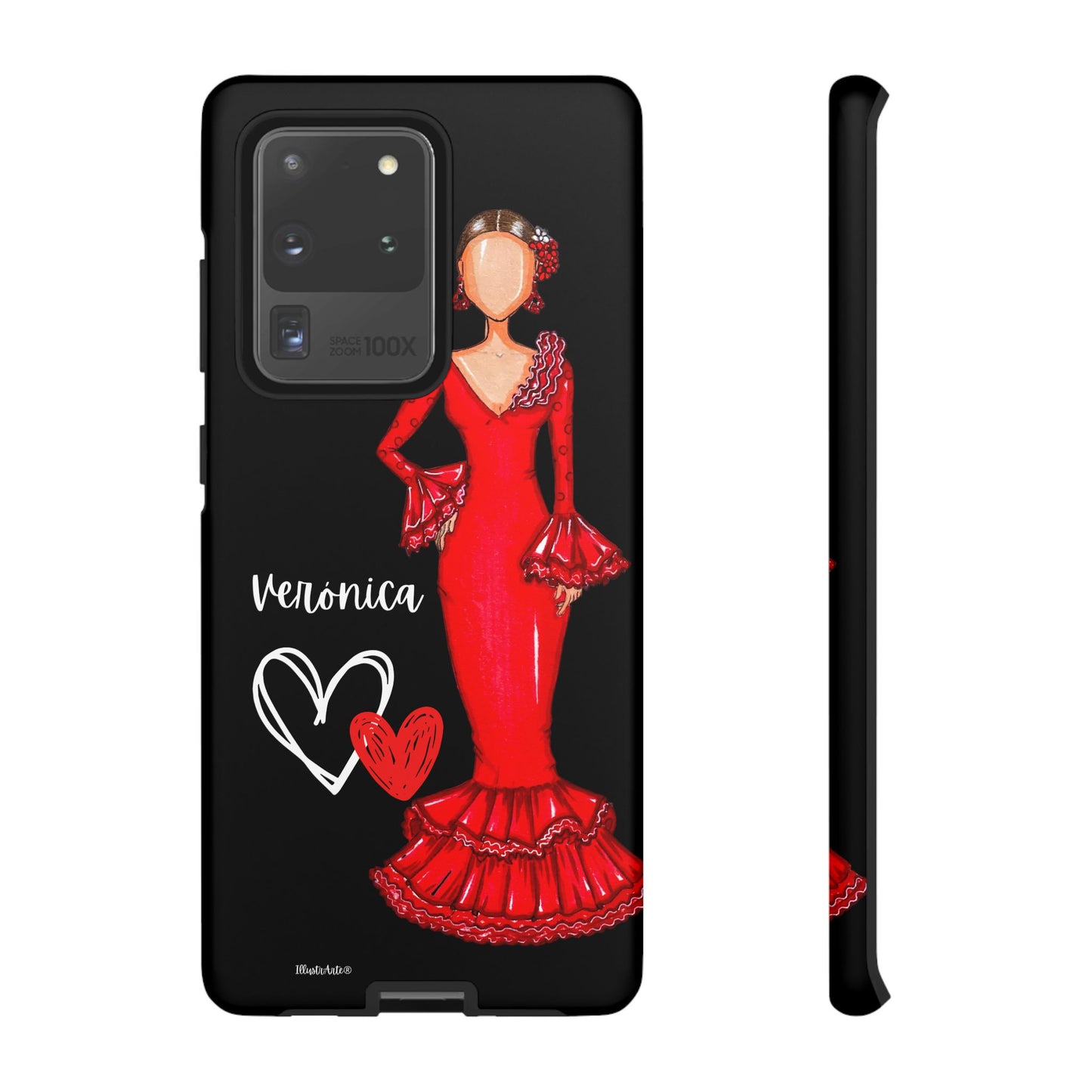 una funda de teléfono con una imagen de una mujer con un vestido rojo