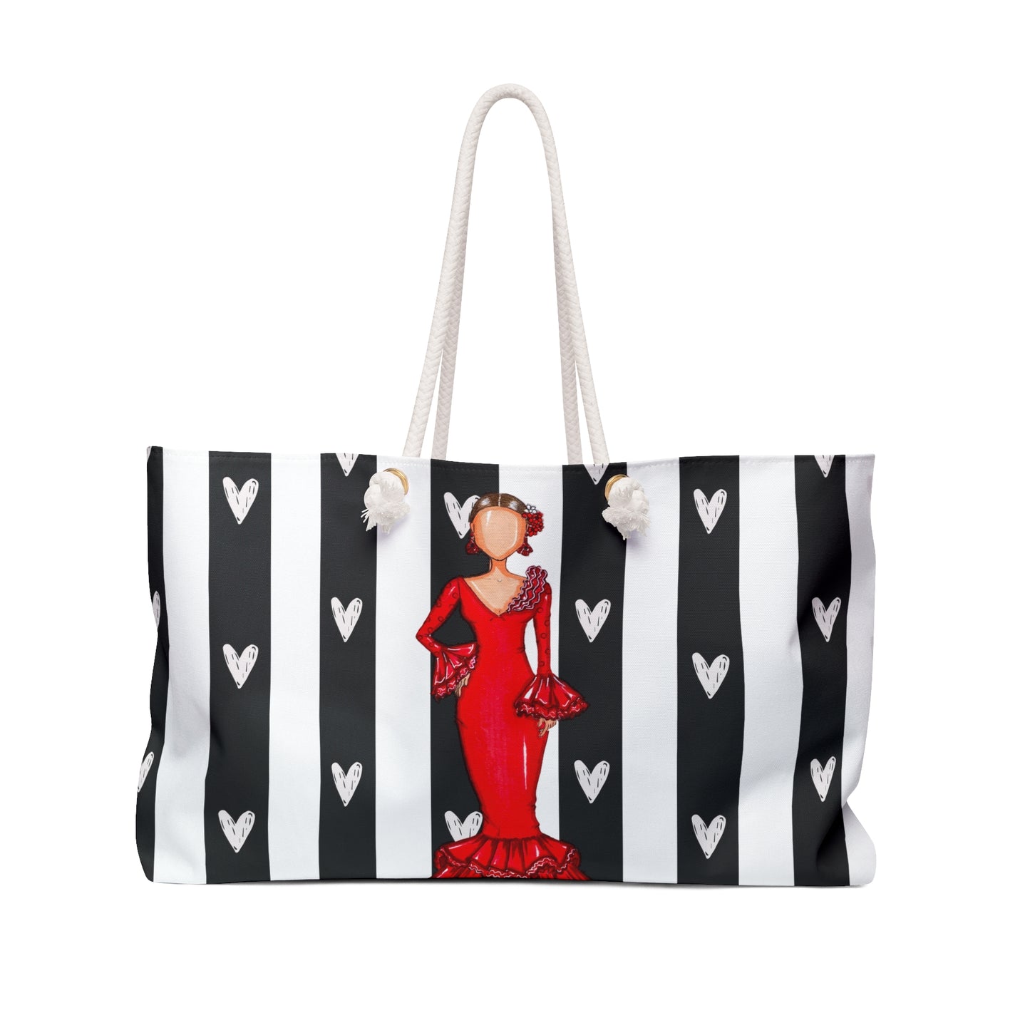 a black and white striped bag with a picture of a woman in a red dress