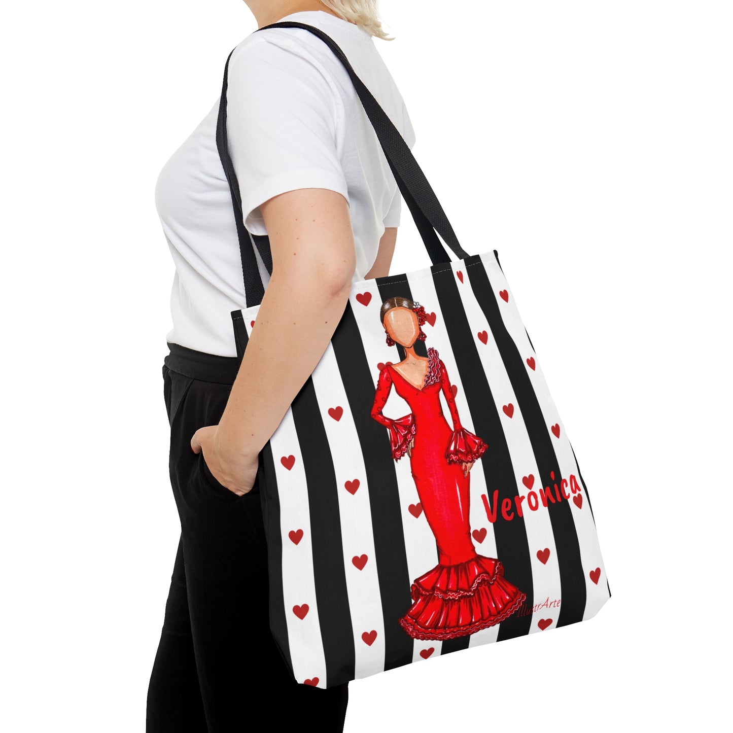 Flamenco lover Tote Bag, fabric tote bag with white black and white stripes background and a flamenco dancer in a red dress. Choose between 3 sizes. - IllustrArte