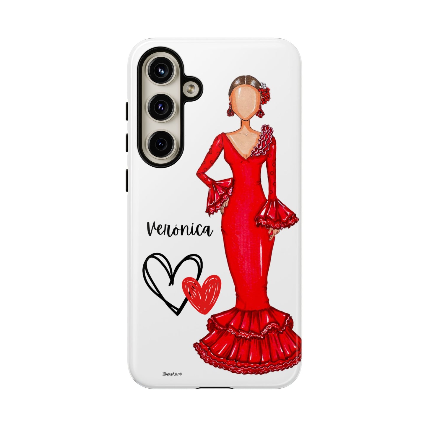 una funda de teléfono con un dibujo de una mujer en un vestido rojo