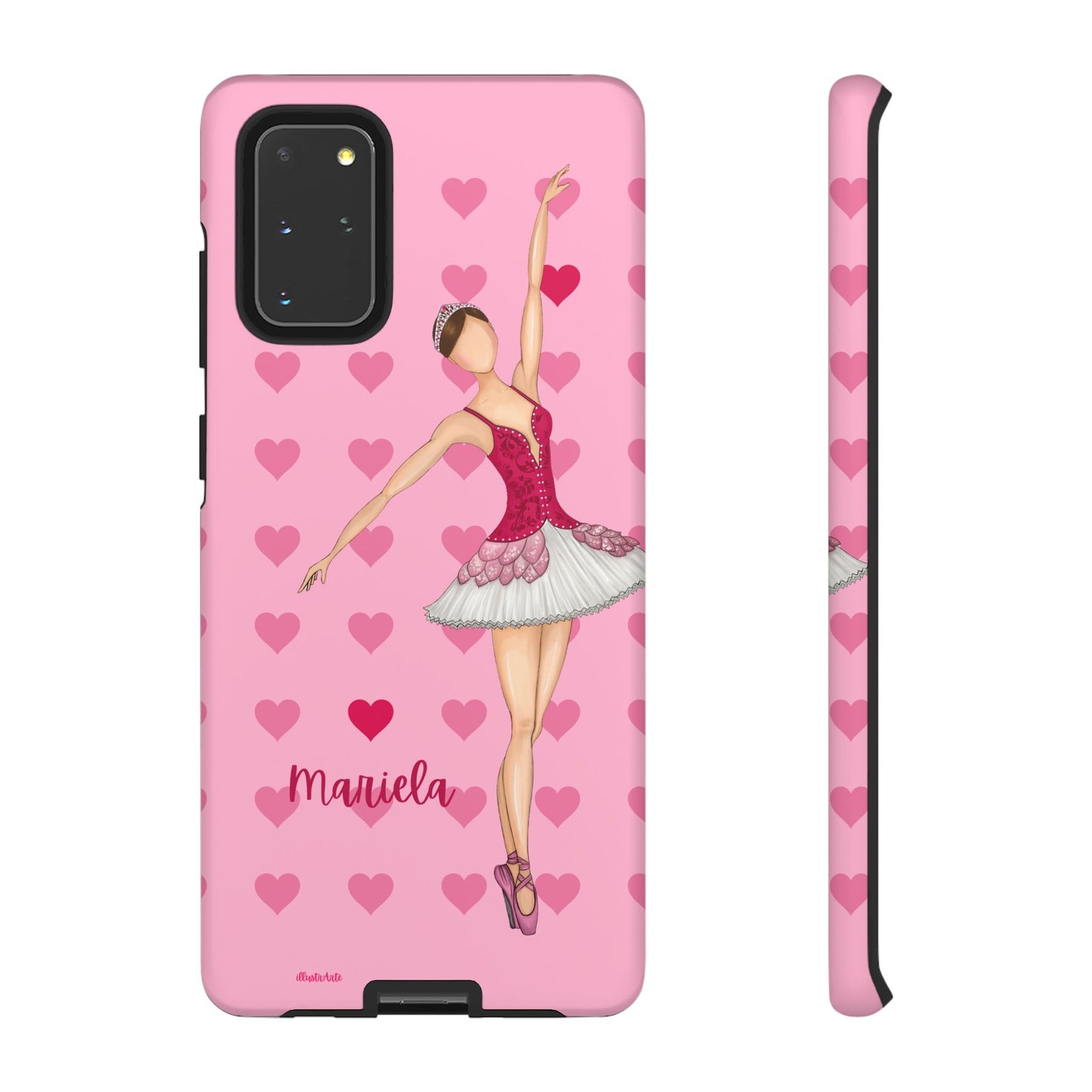 una funda de teléfono rosa con una bailarina en ella