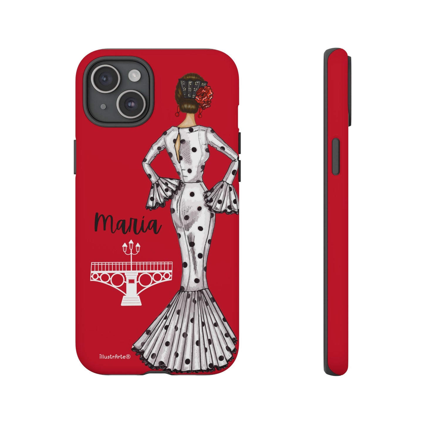 Funda de teléfono personalizada con diseño de flamenca María y Puente de Triana, ideal para iPhone y Google Pixel.