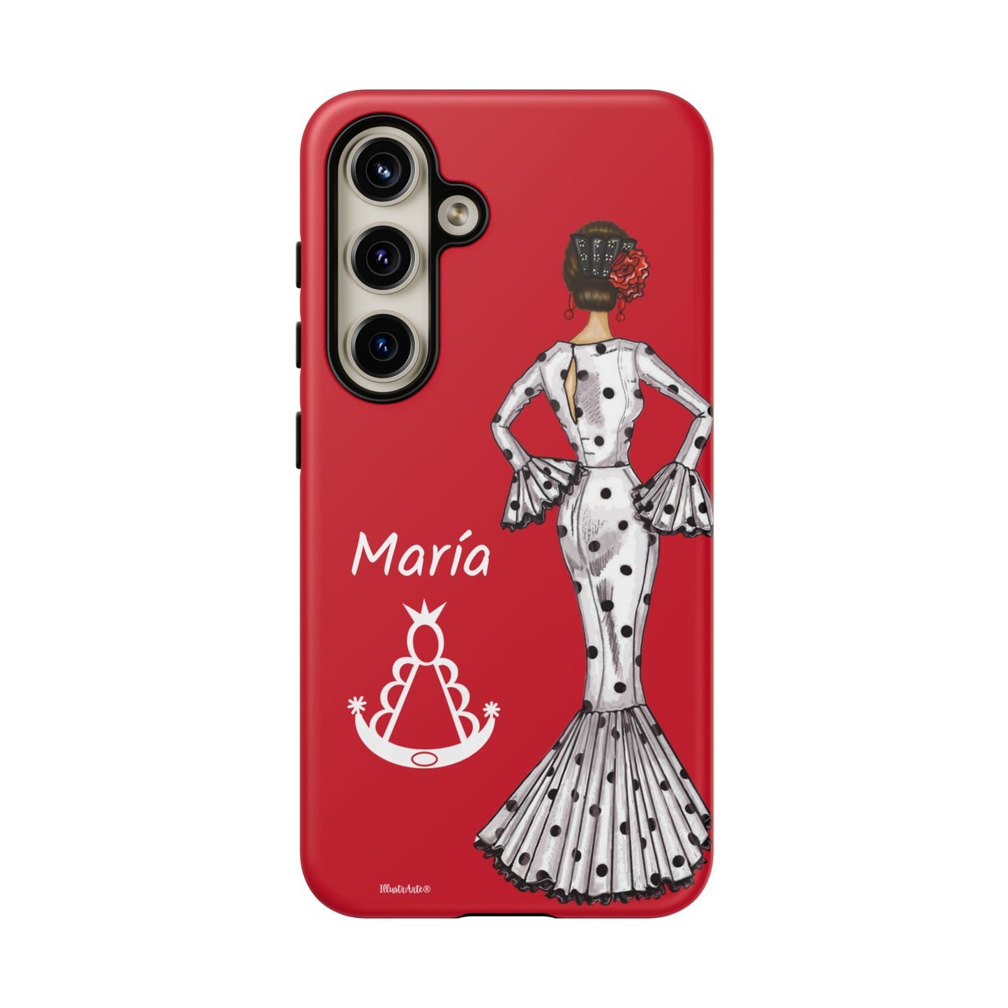 una funda de teléfono roja con una mujer en un vestido