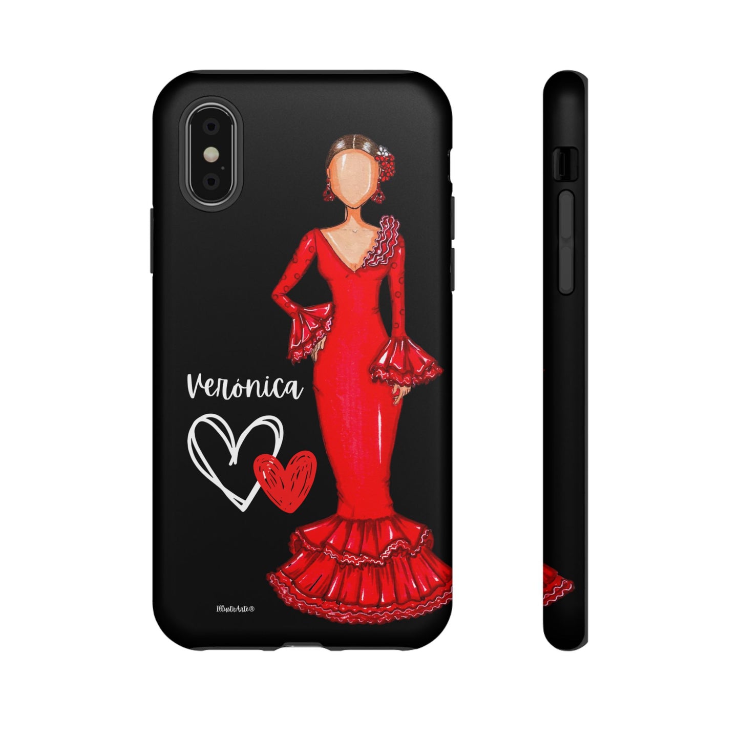 una funda de teléfono con una mujer con un vestido rojo