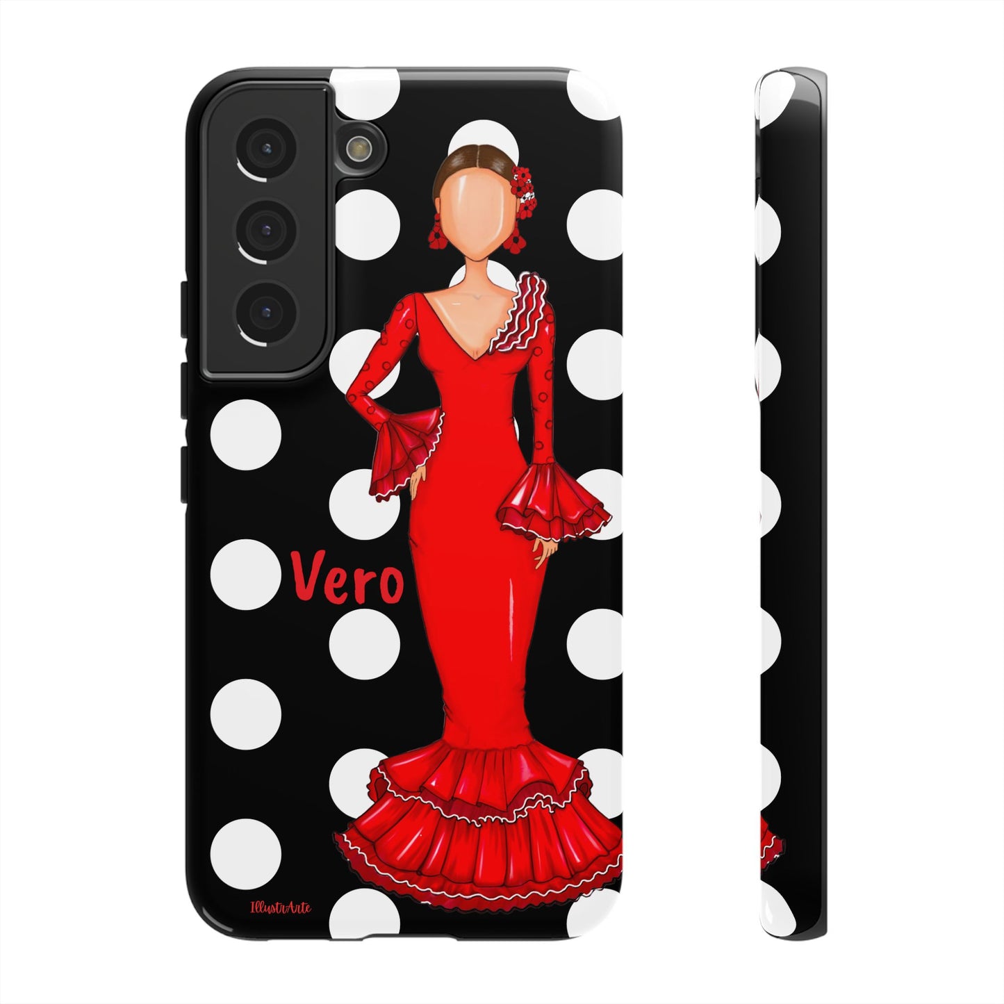 una funda de celular con una mujer en un vestido rojo