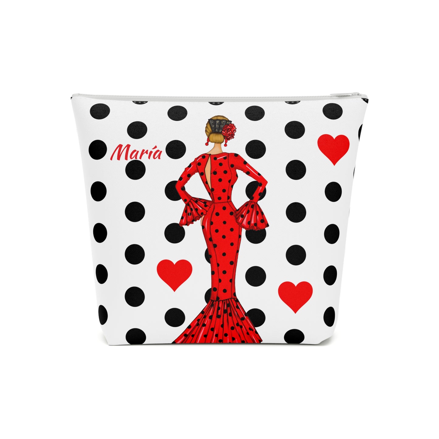 a polka dot purse with a woman in a red dress