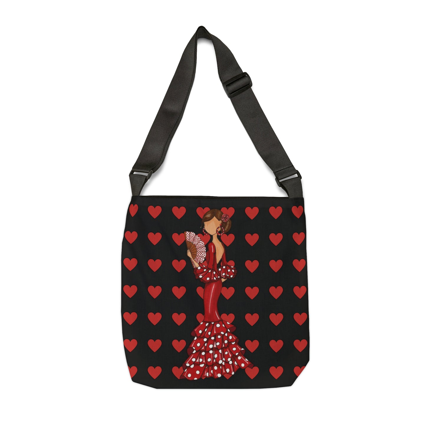 a red and black bag with hearts on it