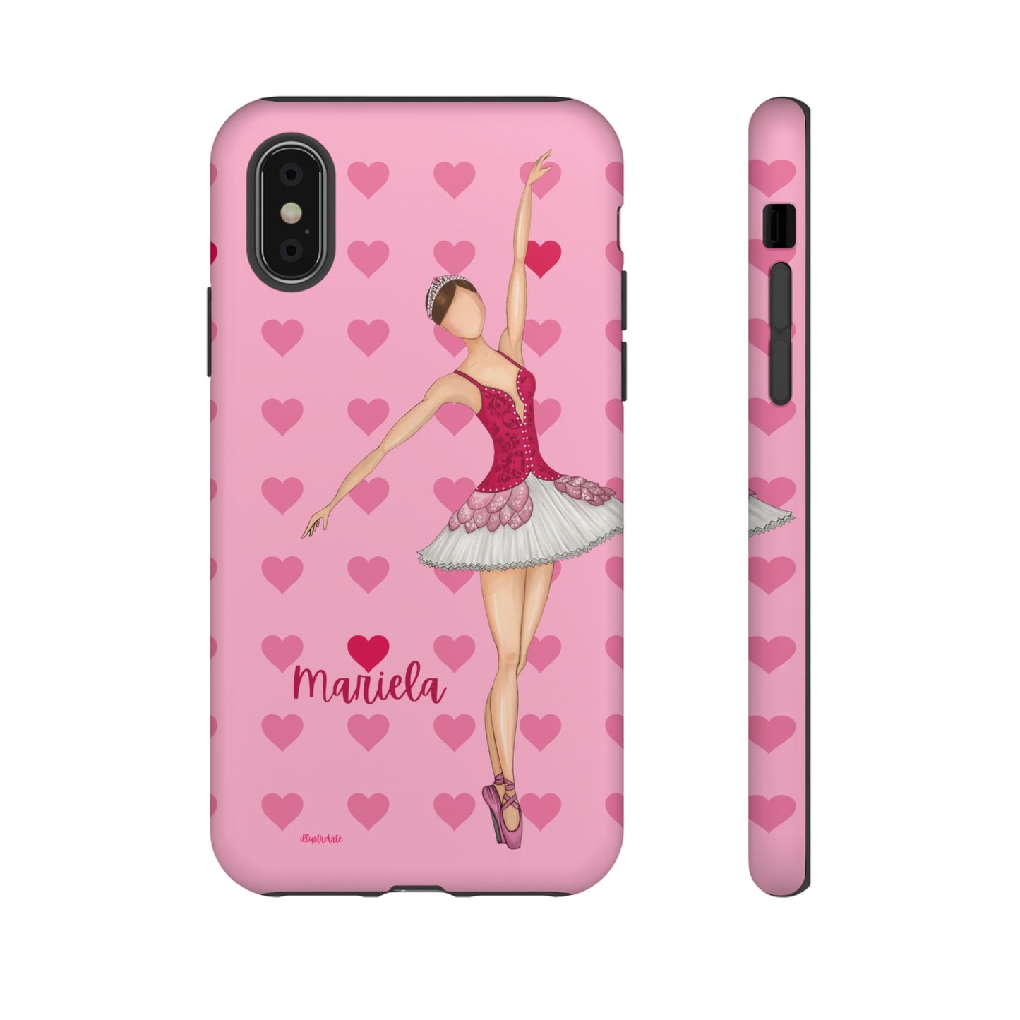 una funda de teléfono rosa con una bailarina en ella