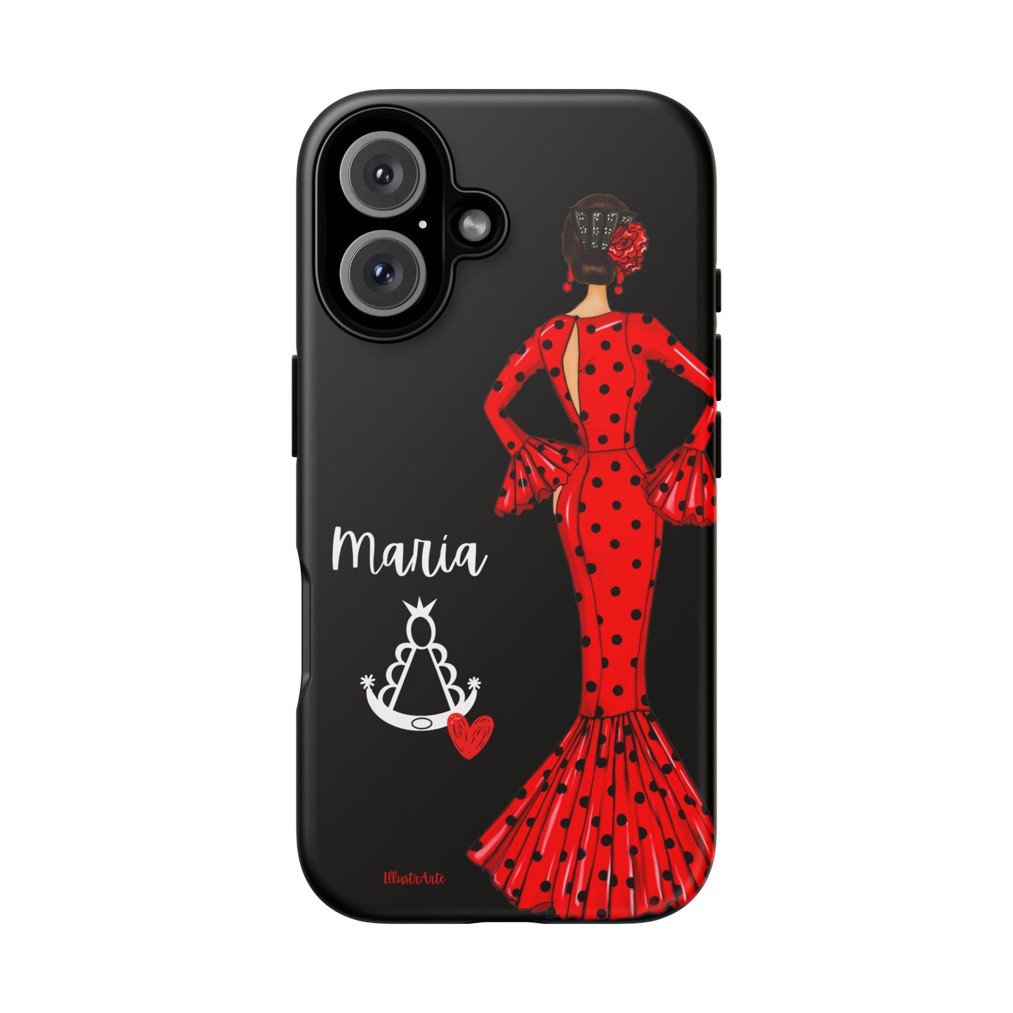 una funda de teléfono con una mujer en un vestido rojo