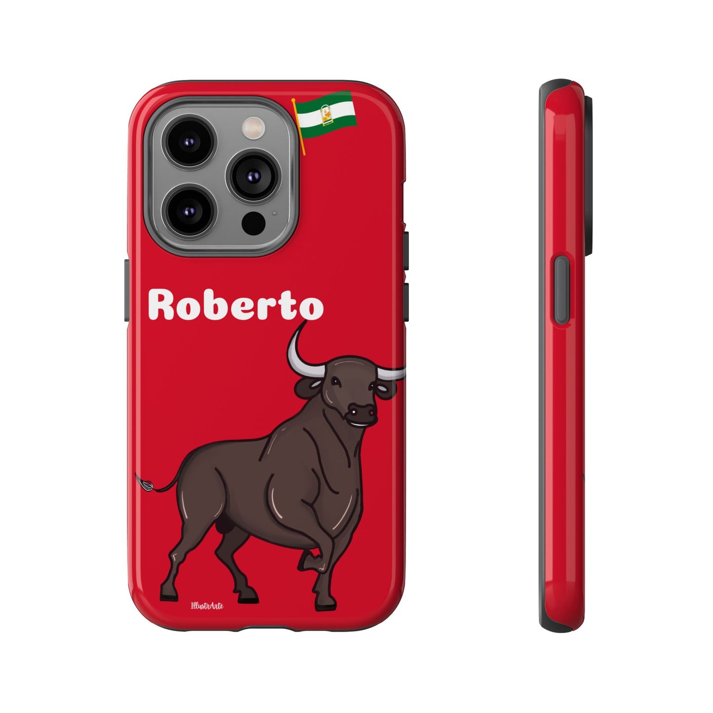 una funda de teléfono roja con un toro en ella