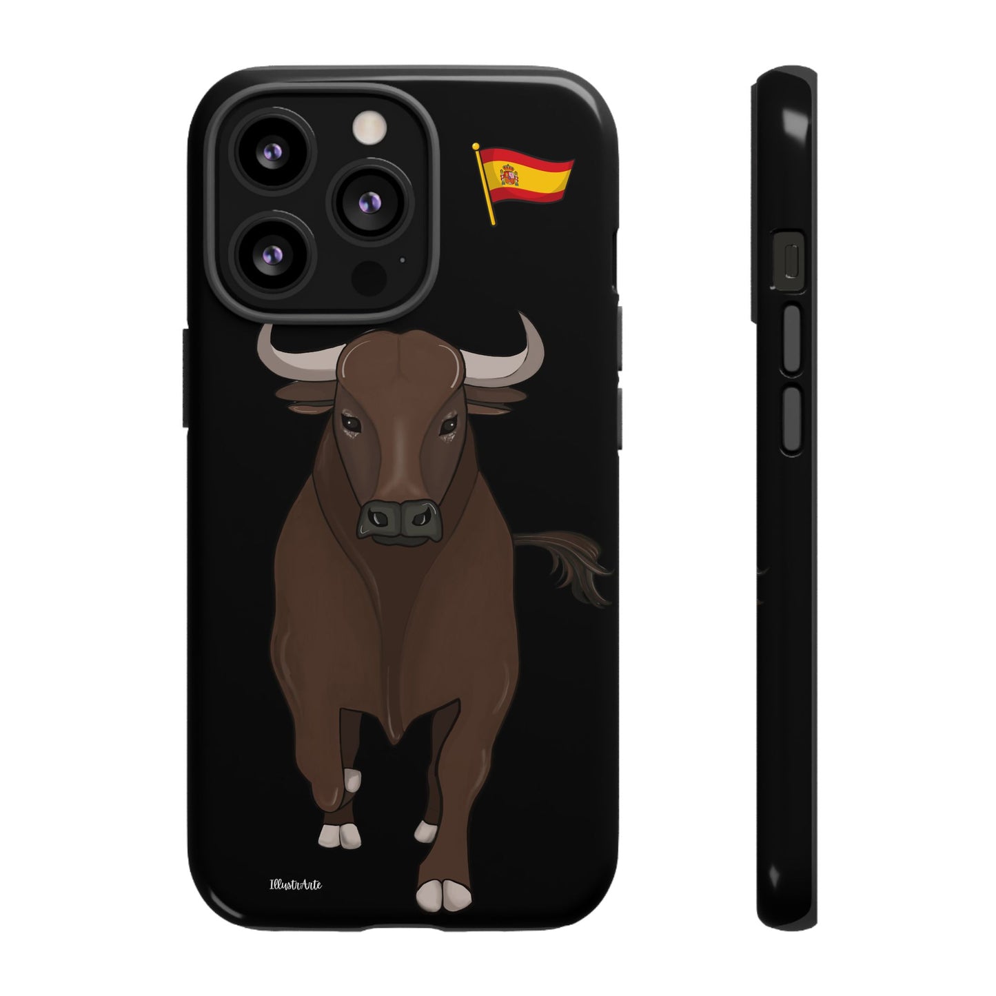 Funda de teléfono con modelo toro Manuel reflejando la cultura española.