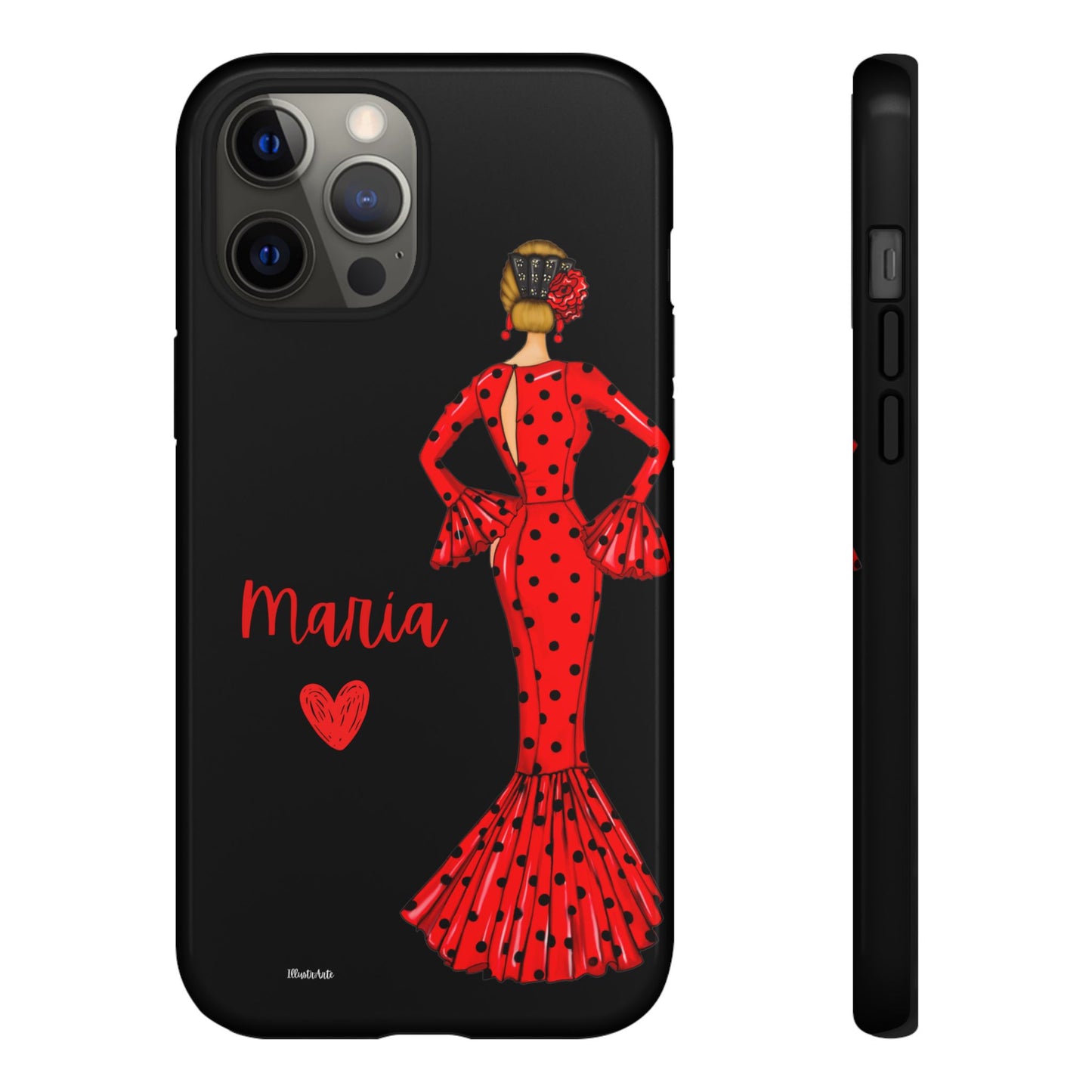 una funda de teléfono con una mujer en un vestido rojo